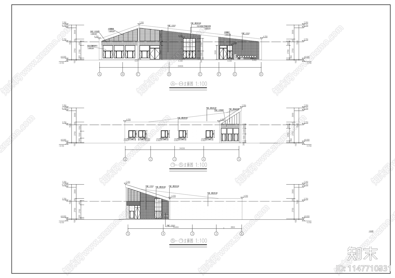 新中式公园管理房建筑cad施工图下载【ID:1147390007】
