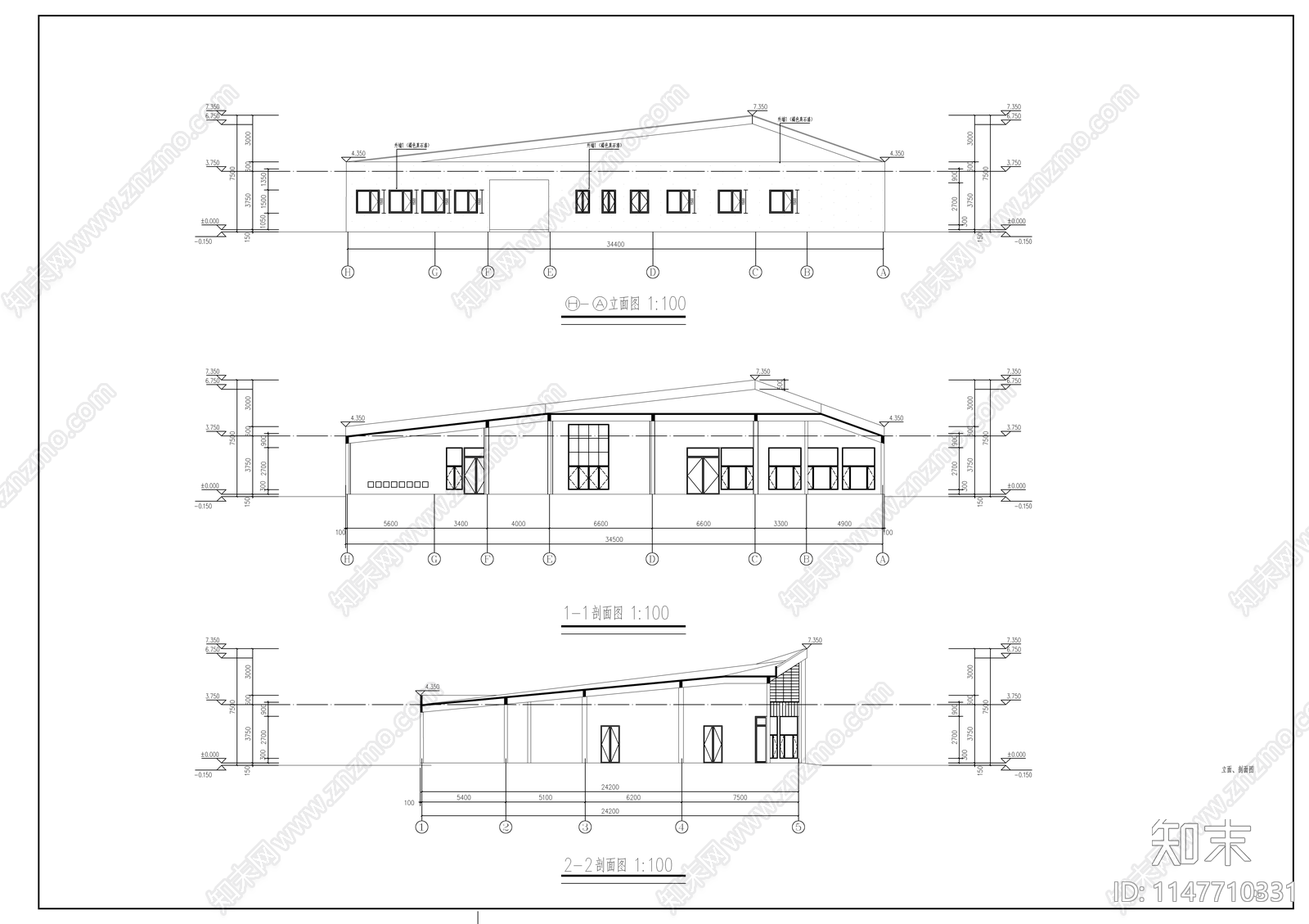 新中式公园管理房建筑cad施工图下载【ID:1147390007】