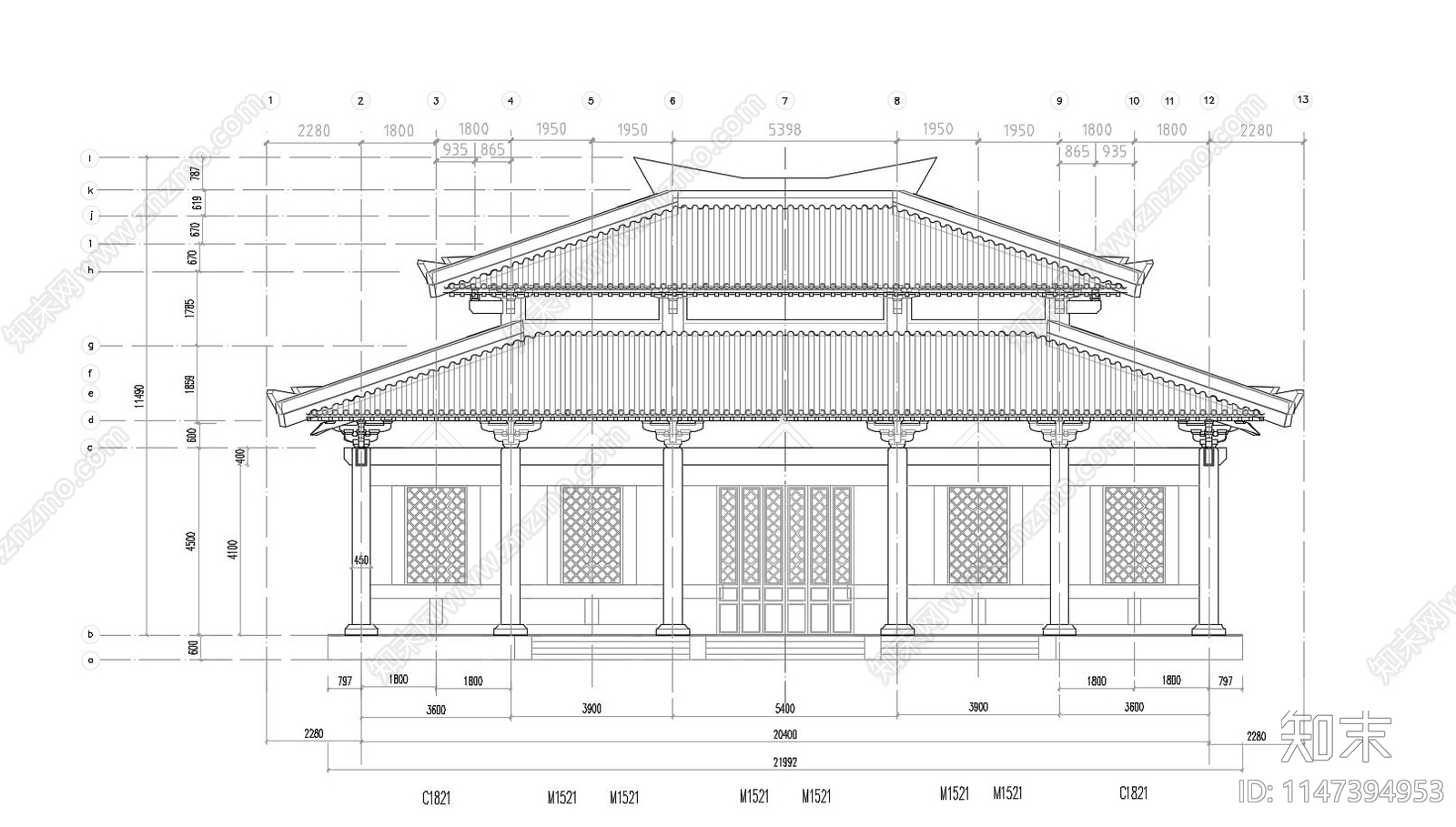 中式行宫建筑cad施工图下载【ID:1147394953】