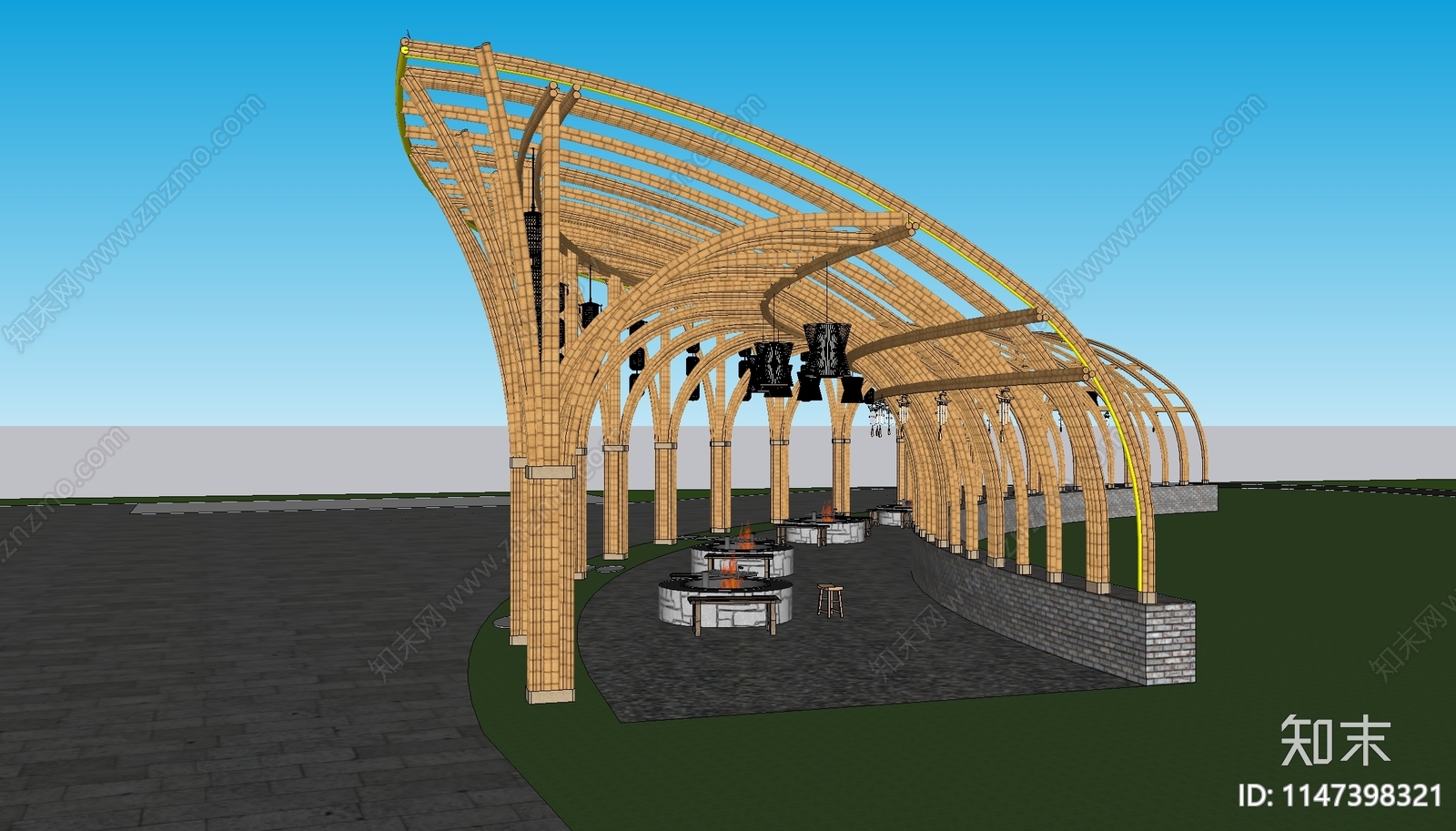 烧烤竹廊架SU模型下载【ID:1147398321】