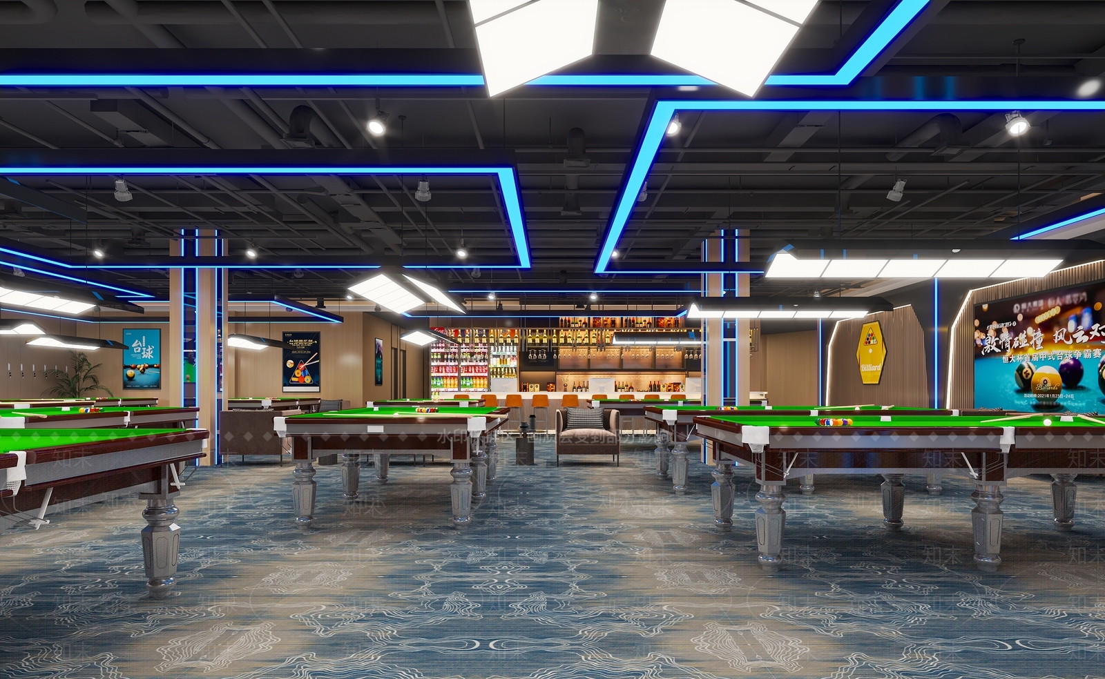 工业风台球室台球厅休闲娱乐台球会所台球桌吧台3D模型下载【ID:1147399568】