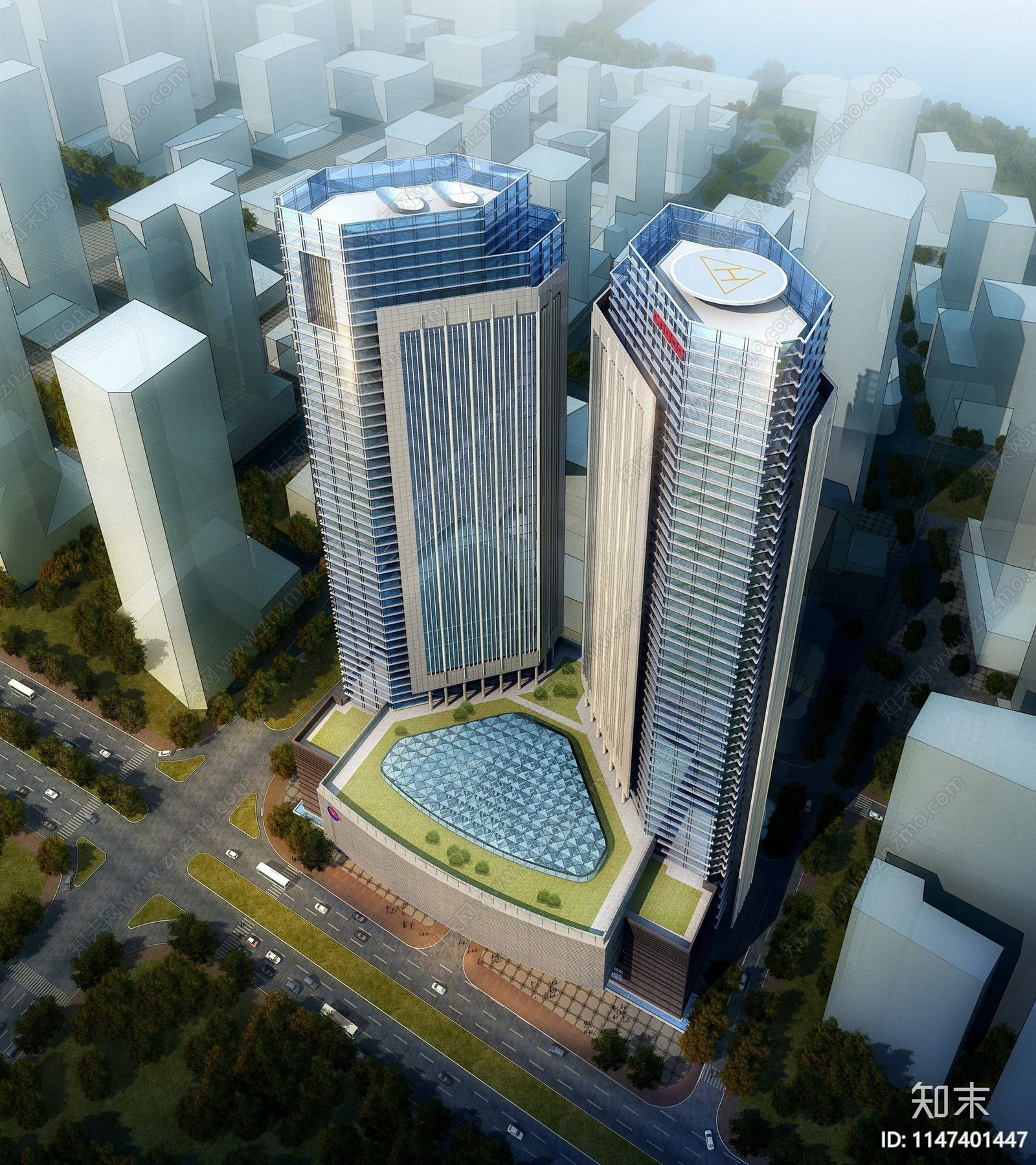 高层双子总部办公楼塔楼cad施工图下载【ID:1147401447】