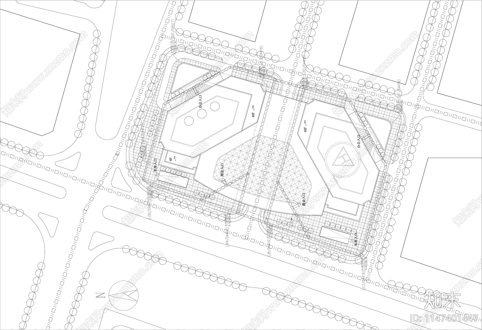 高层双子总部办公楼塔楼cad施工图下载【ID:1147401447】
