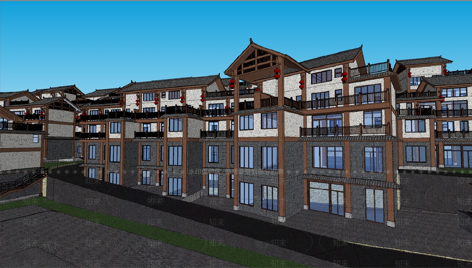 新中式酒店公寓住宅项目SU模型下载【ID:1147410751】