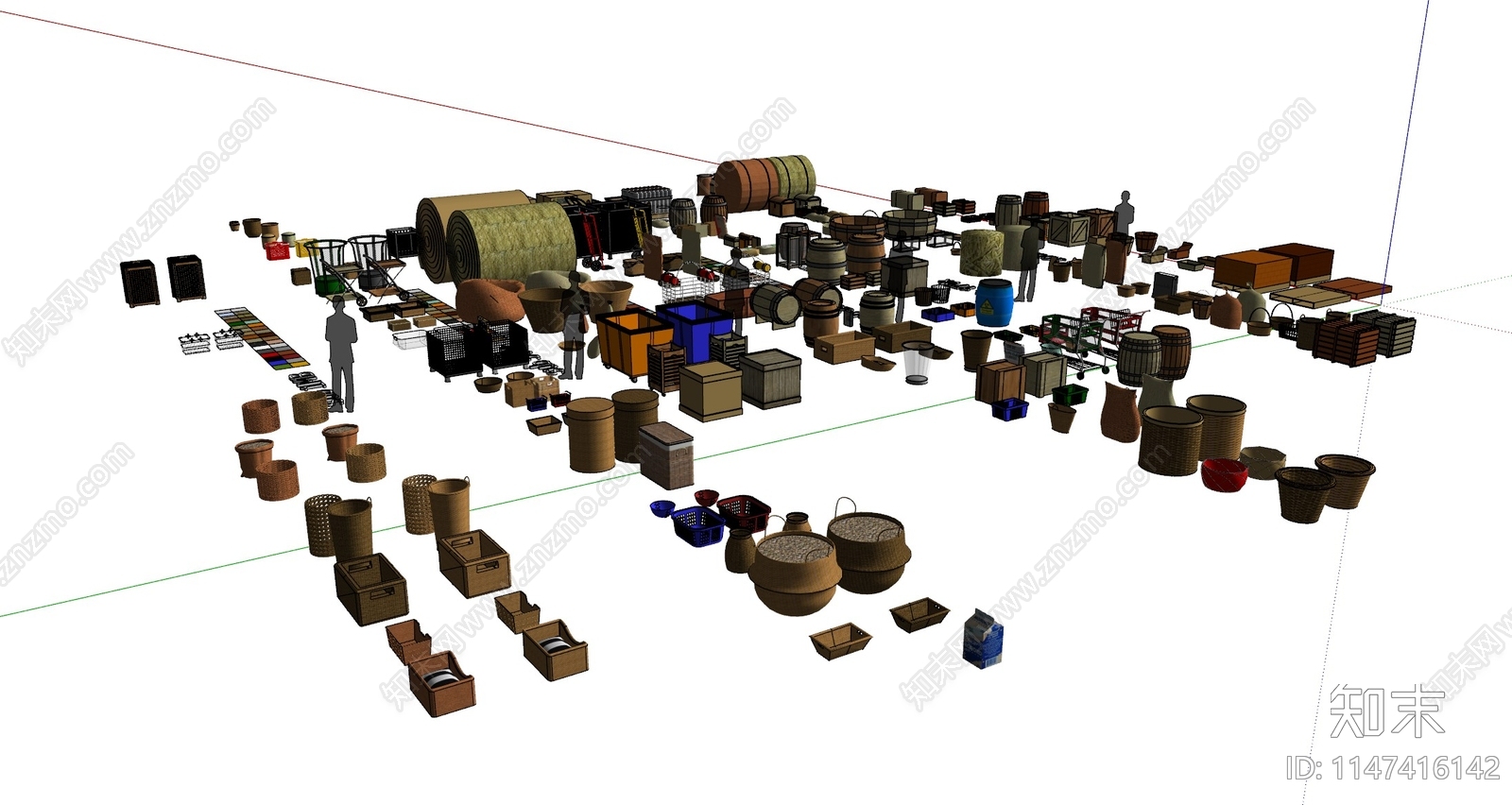 陈设木箱沙袋木桶摆件组合SU模型下载【ID:1147416142】