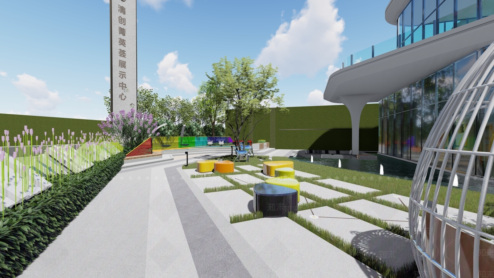 售楼部景观下沉卡座茶几儿童活动区彩虹栏杆景观小品鸟笼座椅SU模型下载【ID:1147418232】