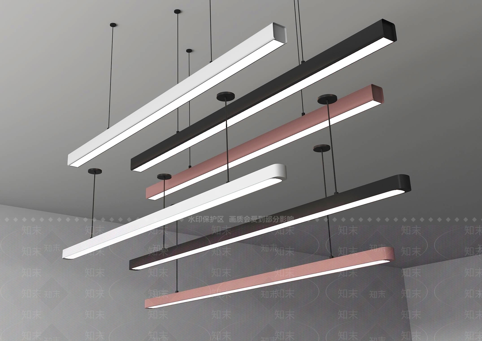 现代办公室长条吊灯3D模型下载【ID:1147423543】
