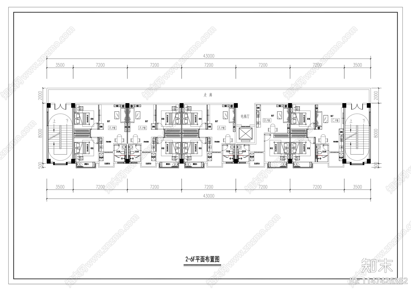 B公寓平面布局图施工图下载【ID:1147426382】