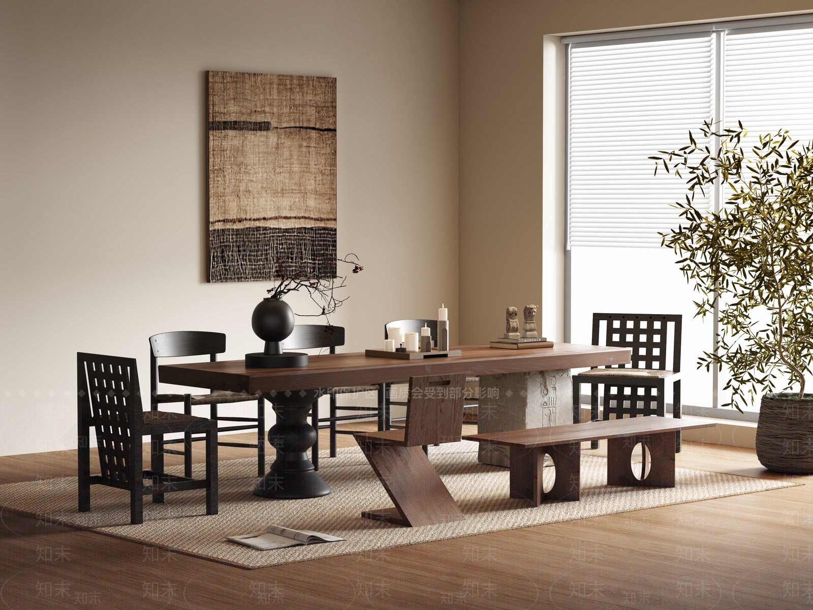 侘寂中古风餐桌椅组合3D模型下载【ID:1147430882】