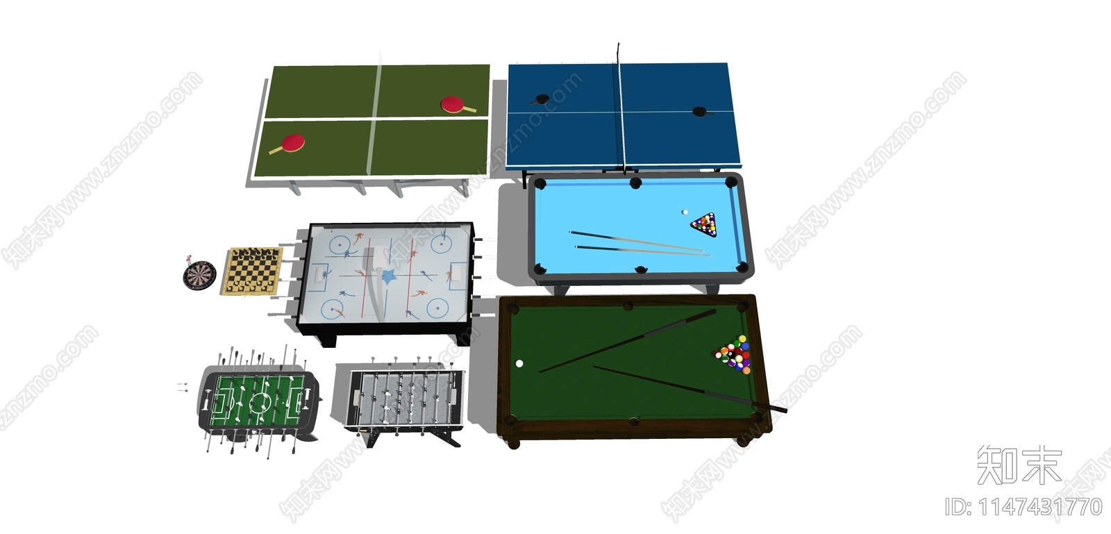 乒乓球桌球桌上足球国际象棋架空层娱乐SU模型下载【ID:1147431770】