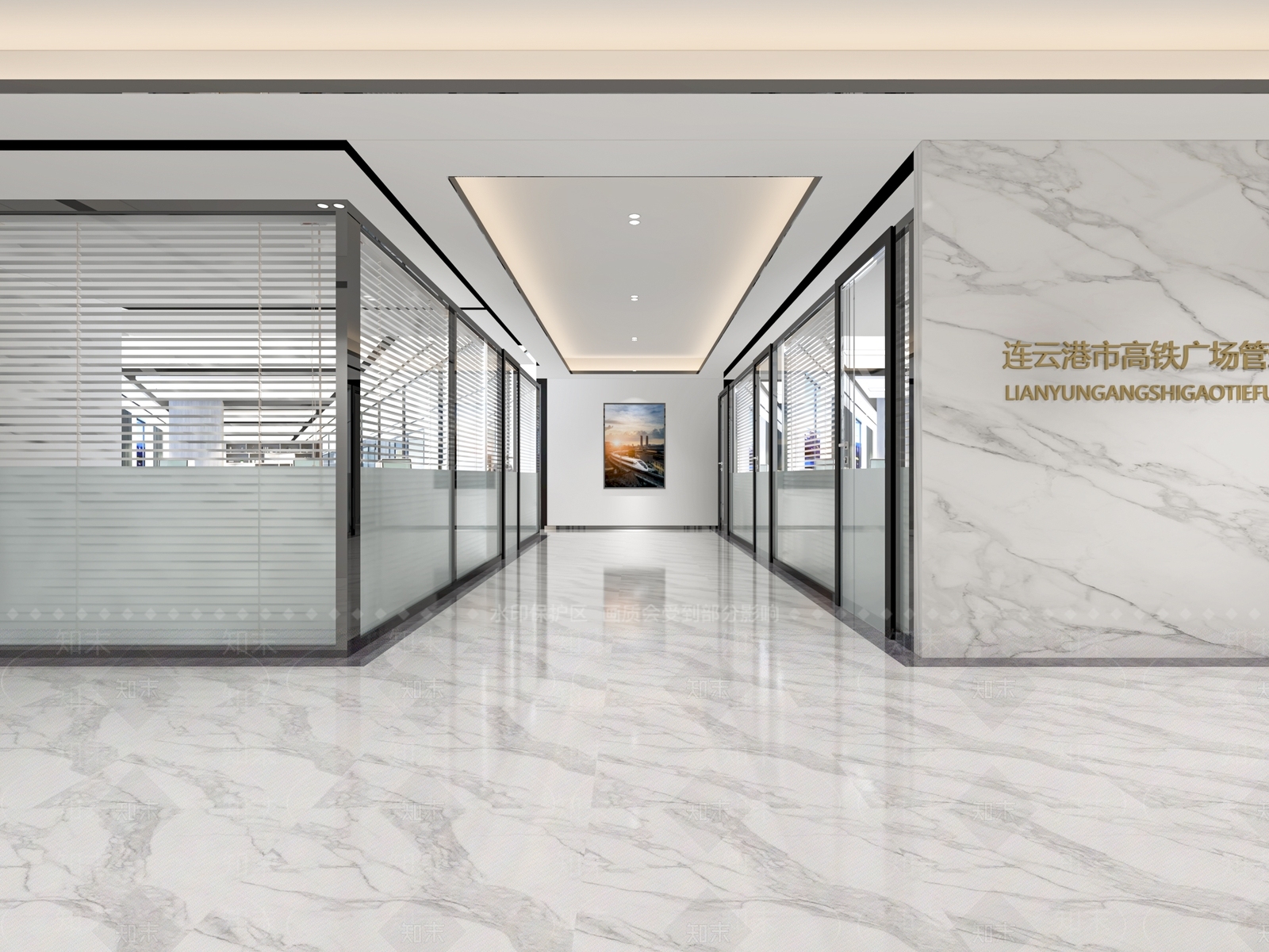 现代办公走廊玻璃隔断3D模型下载【ID:1147433830】