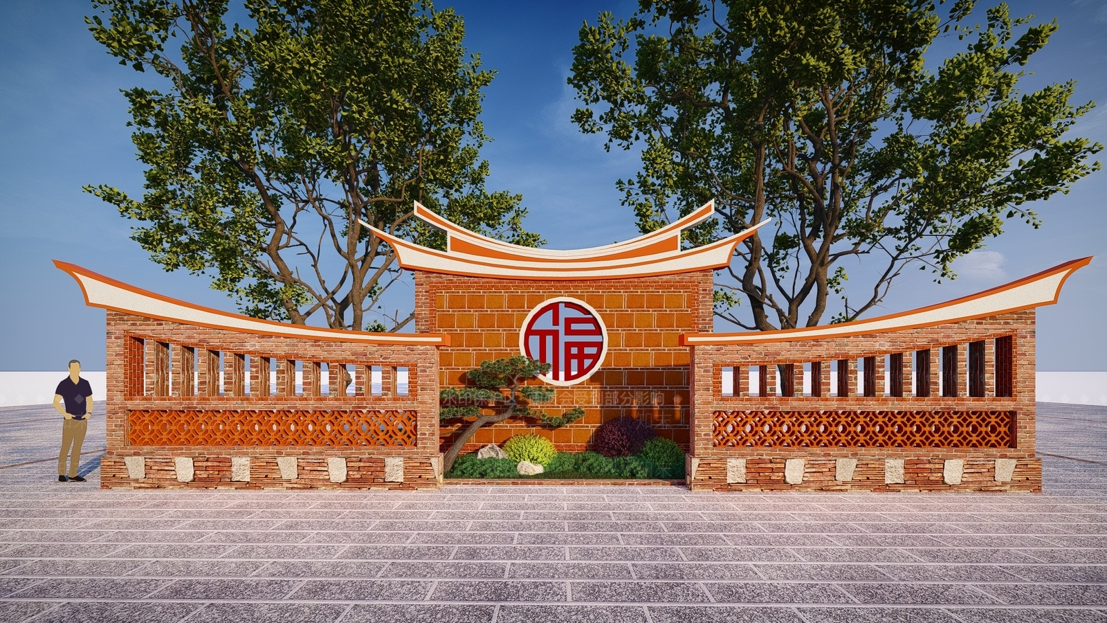 闽南红砖景墙SU模型下载【ID:1147437098】