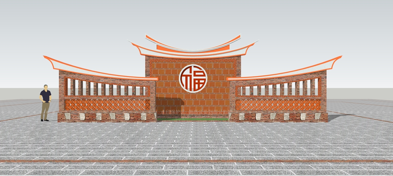 闽南红砖景墙SU模型下载【ID:1147437098】