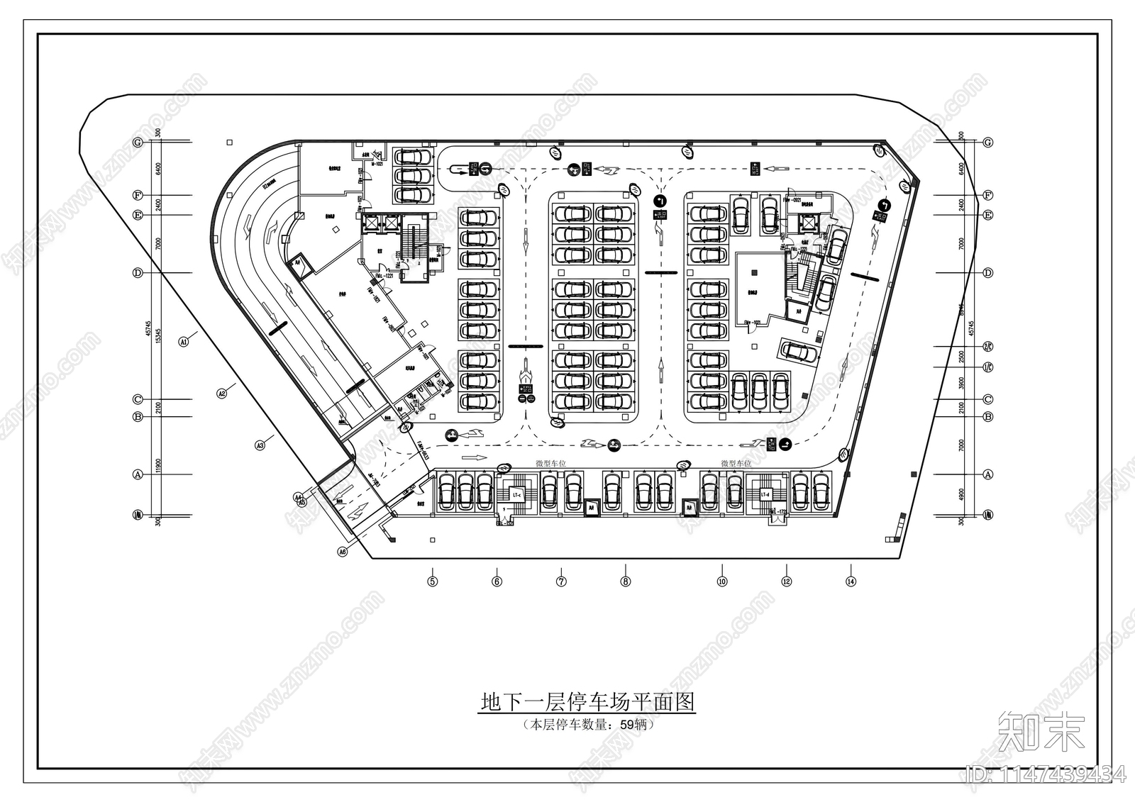 C地下室停车库平面布局图cad施工图下载【ID:1147439434】