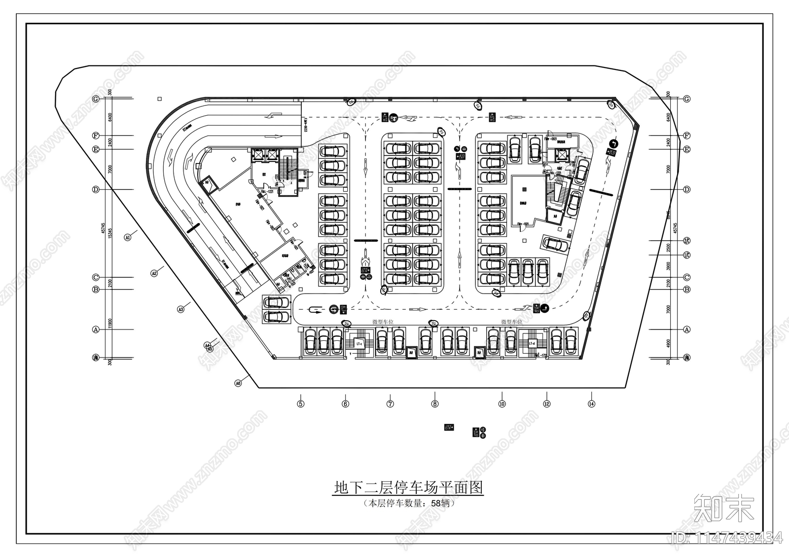 C地下室停车库平面布局图cad施工图下载【ID:1147439434】