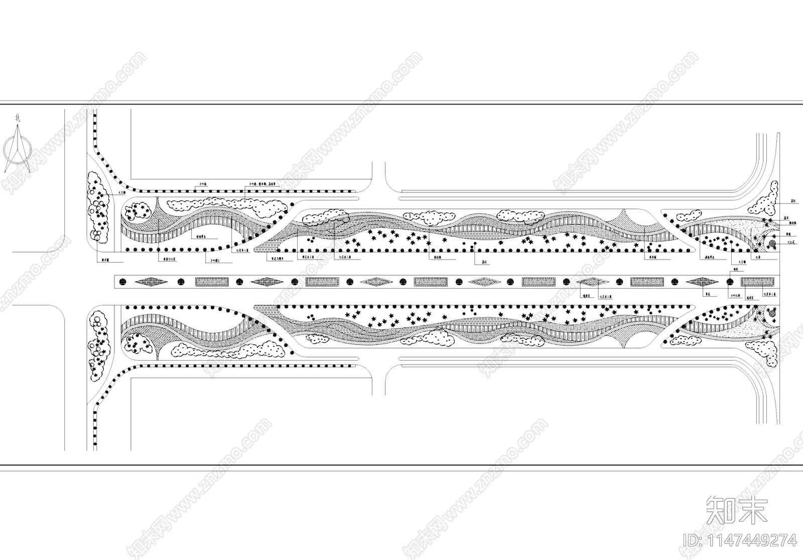 道路景观绿化配置植物平面施工图下载【ID:1147449274】
