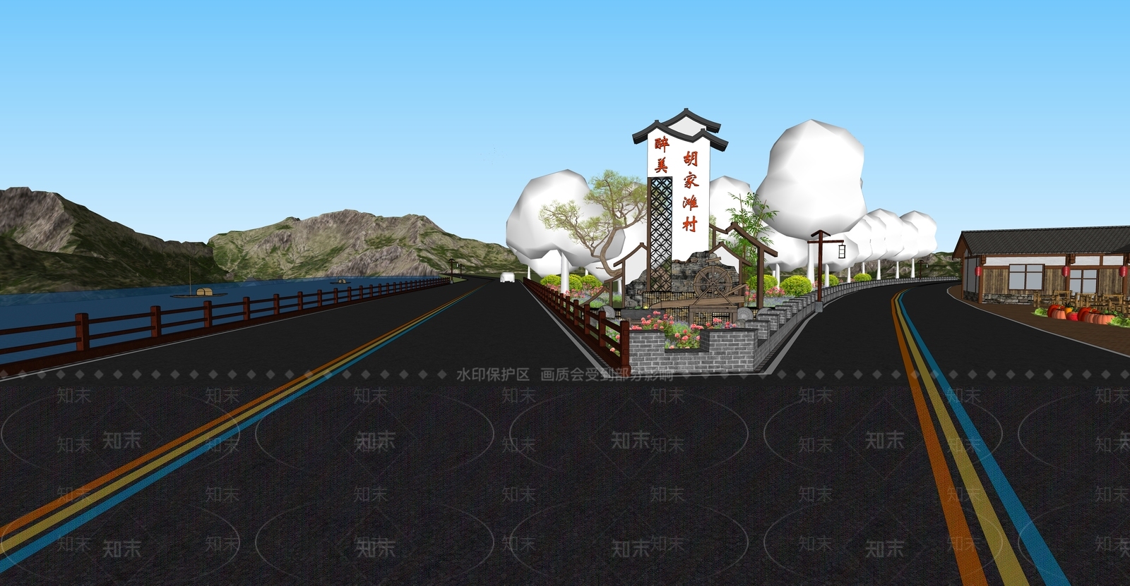 现代美丽乡村入口道路SU模型下载【ID:1147455565】