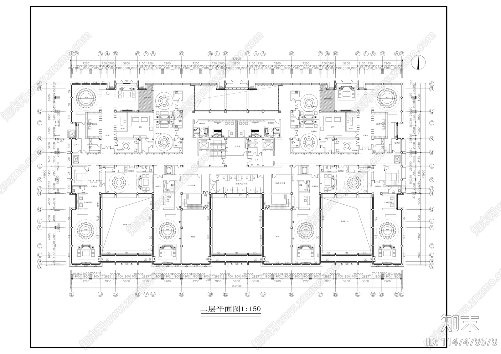 两层大型商务接待会所平面图cad施工图下载【ID:1147478678】