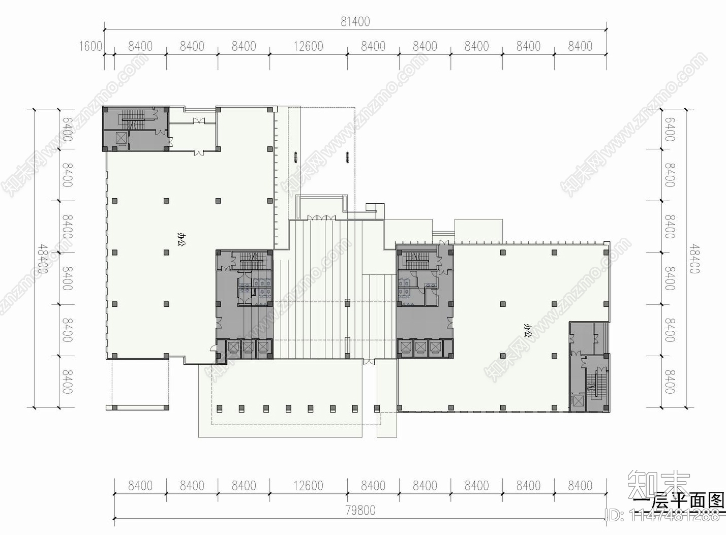 L型高层企业办公总部大楼建筑cad施工图下载【ID:1147481288】