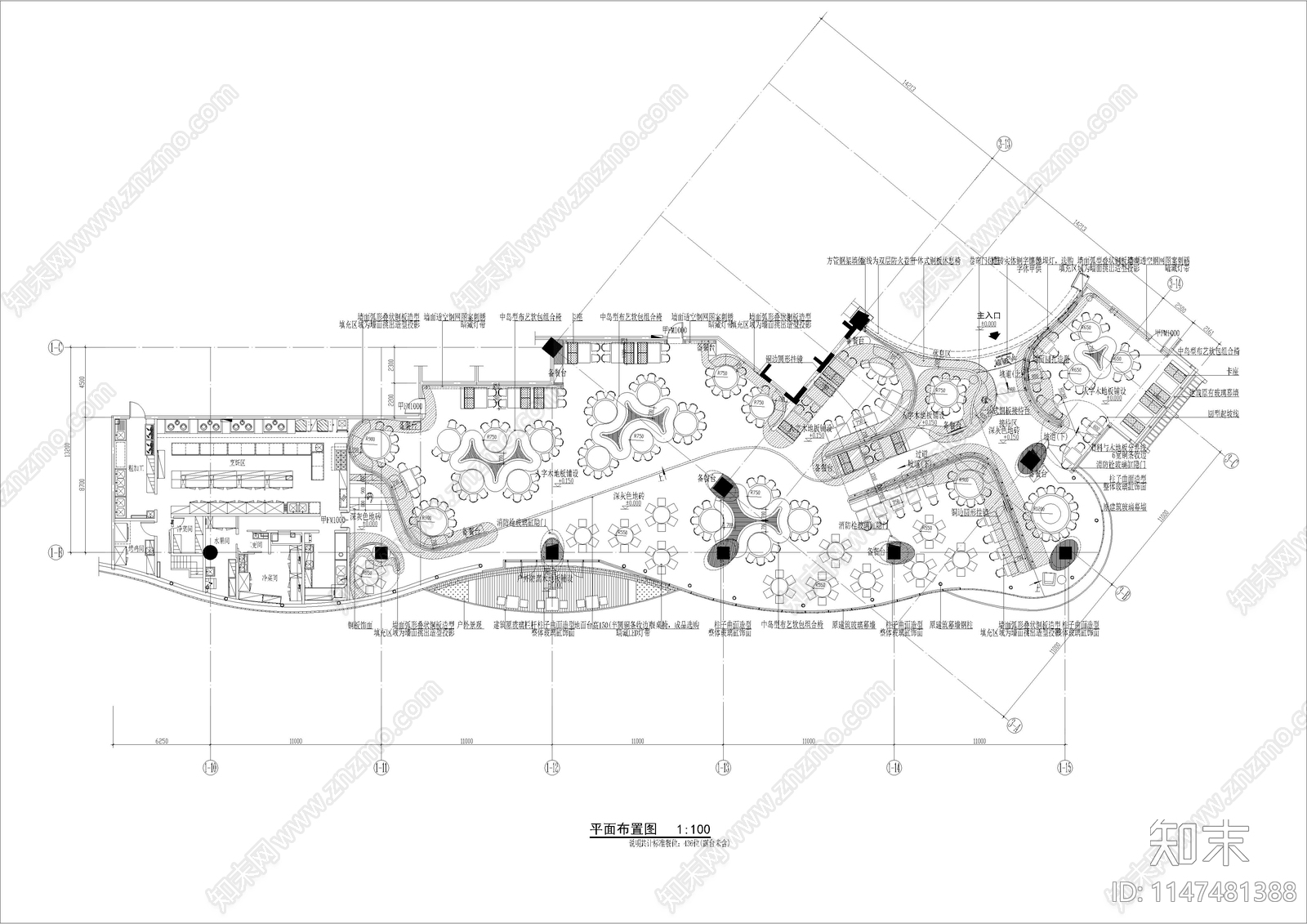 1000㎡餐厅餐饮空间室内cad施工图下载【ID:1147481388】