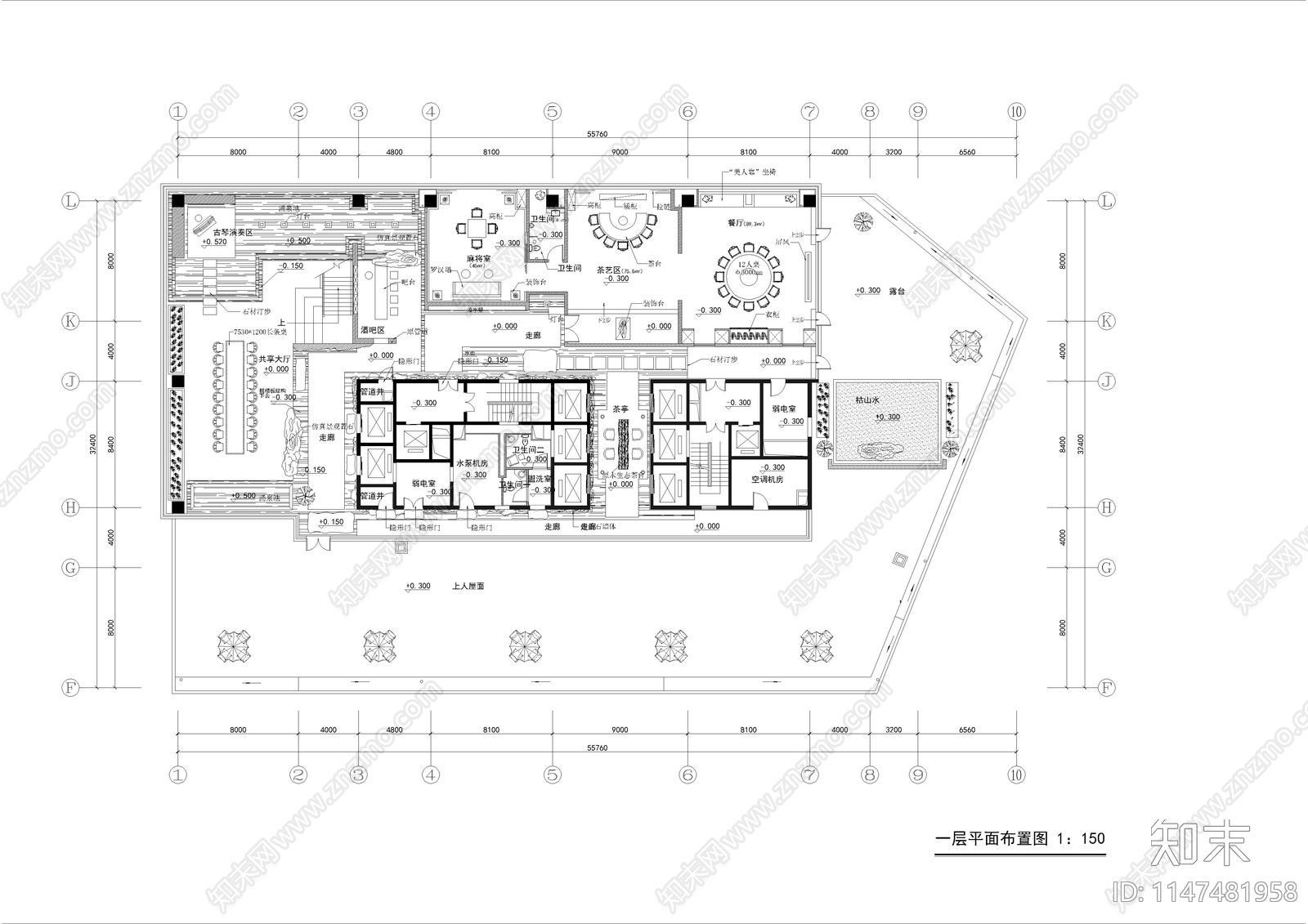 2000㎡茶楼餐饮休闲会所室内cad施工图下载【ID:1147481958】