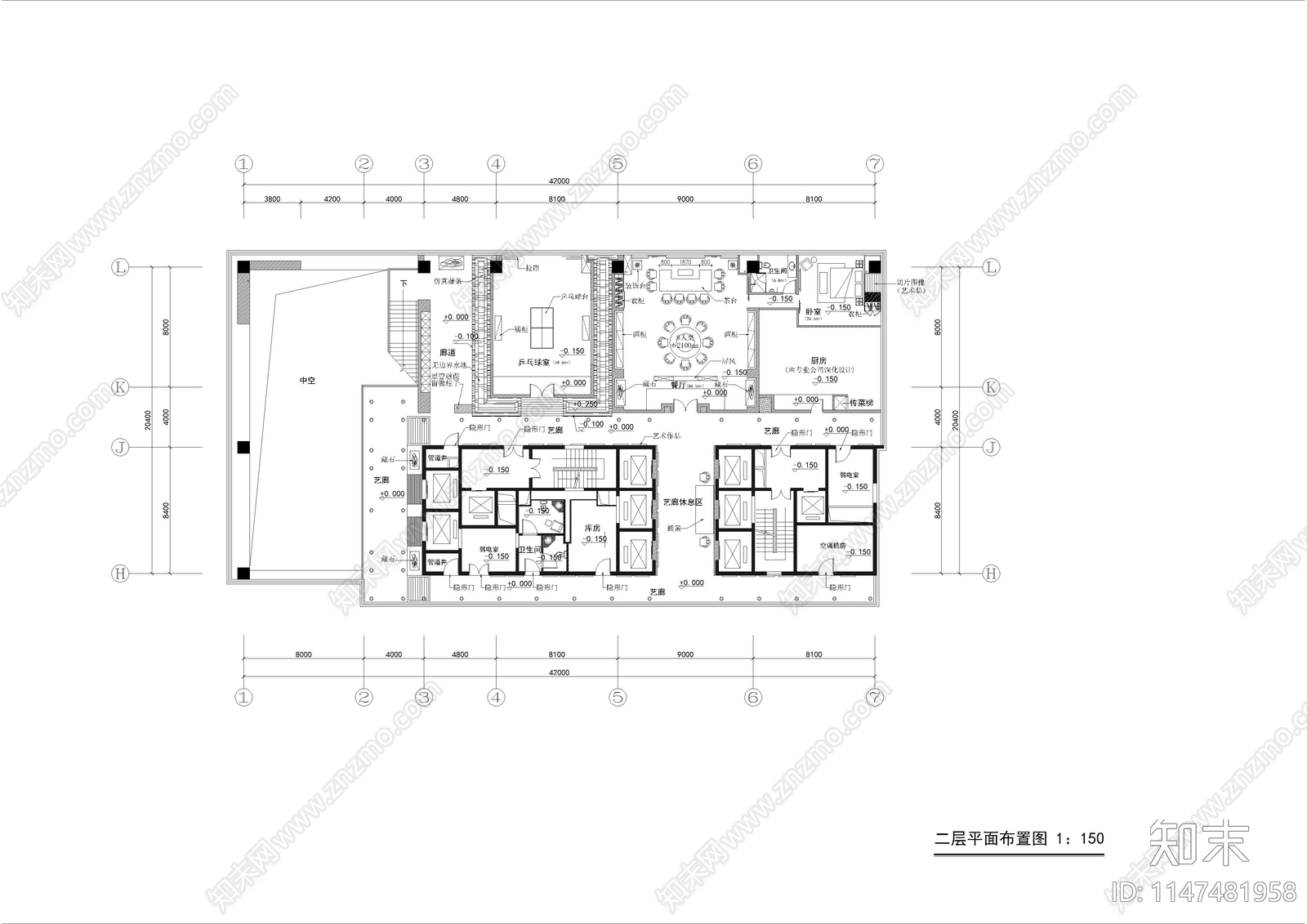 2000㎡茶楼餐饮休闲会所室内cad施工图下载【ID:1147481958】