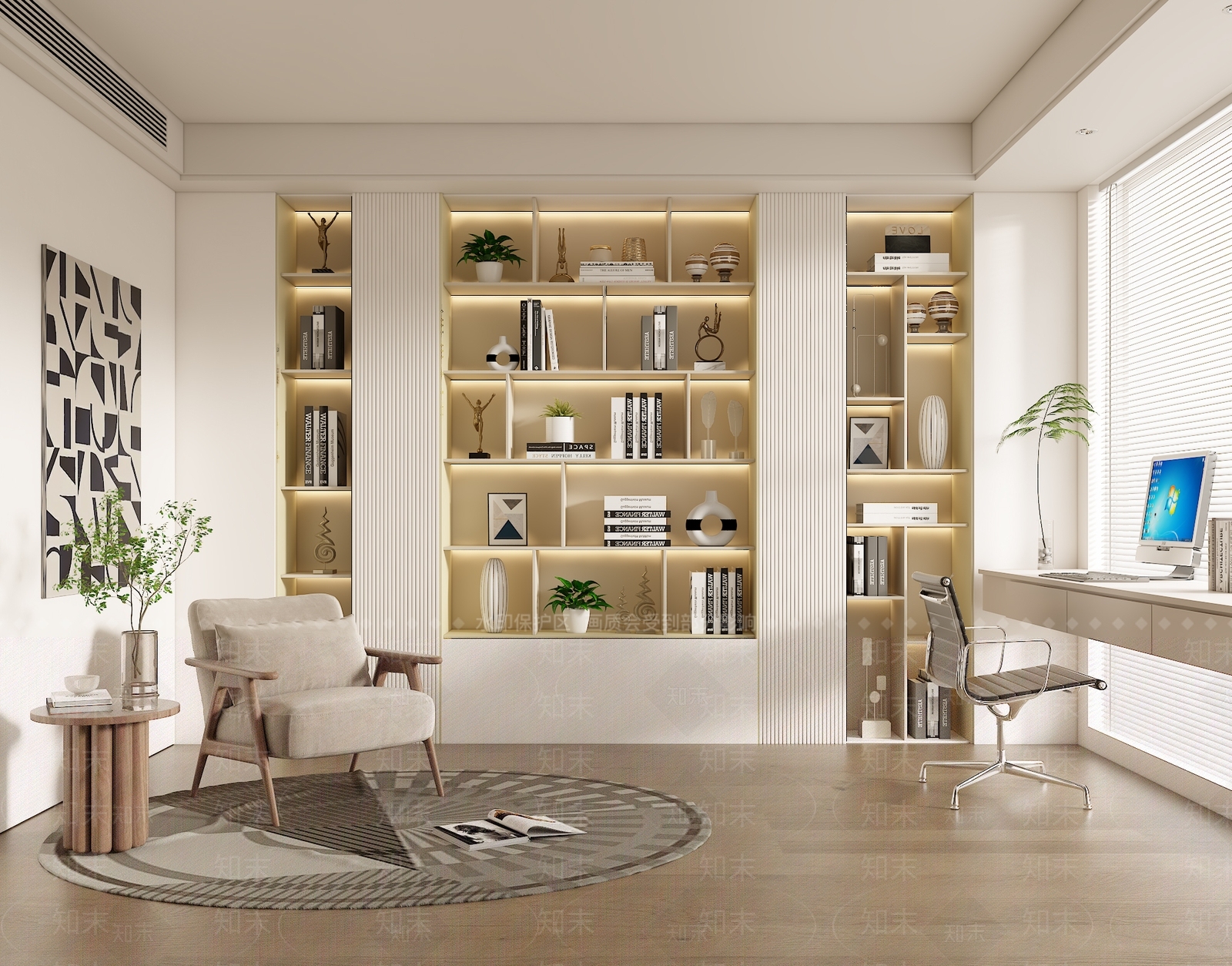 现代奶油风书房3D模型下载【ID:1147487222】_知末3d模型网