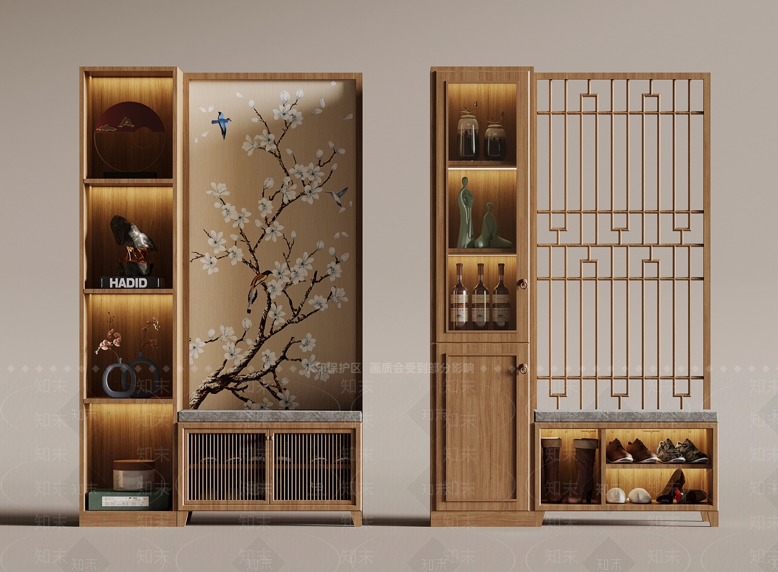 新中式实木鞋柜隔断SU模型下载【ID:1147491580】