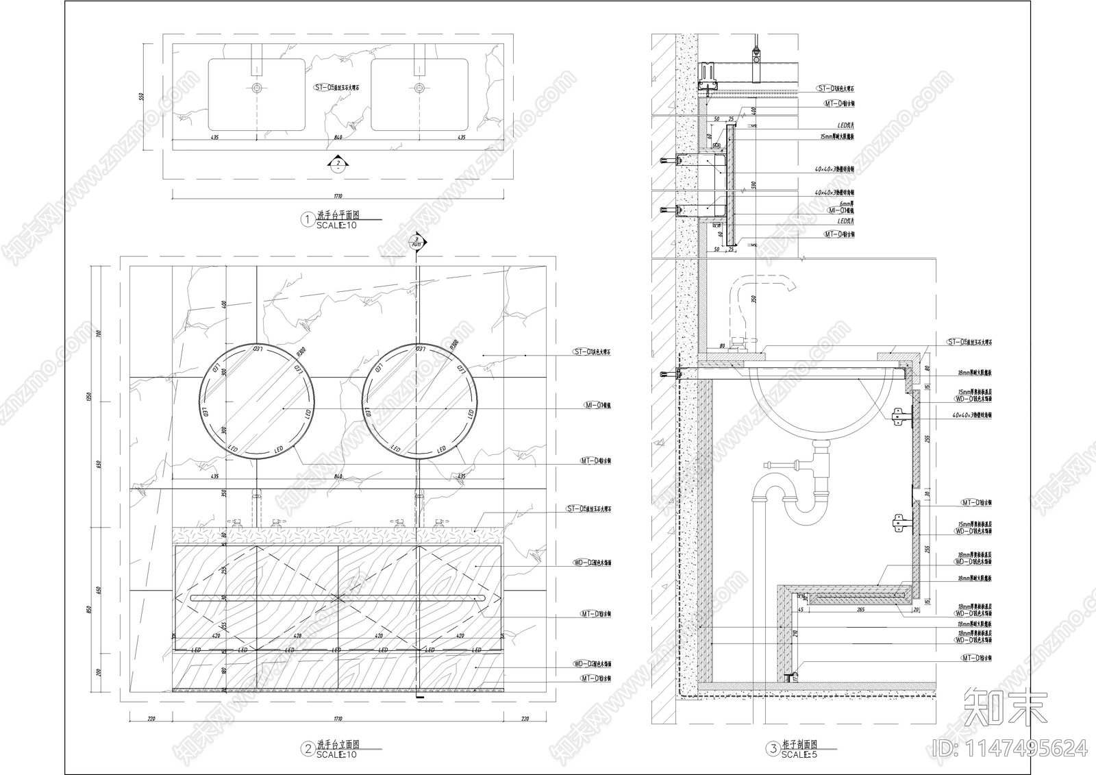 洗手台台盆节点施工图下载【ID:1147495624】