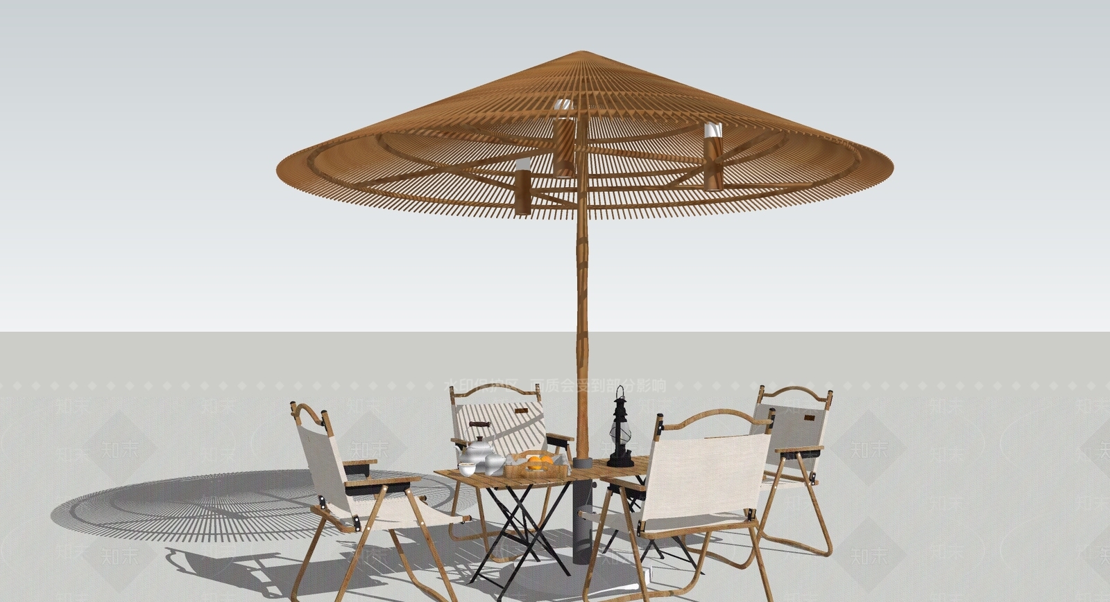 竹遮阳伞带露营桌椅SU模型下载【ID:1147499704】