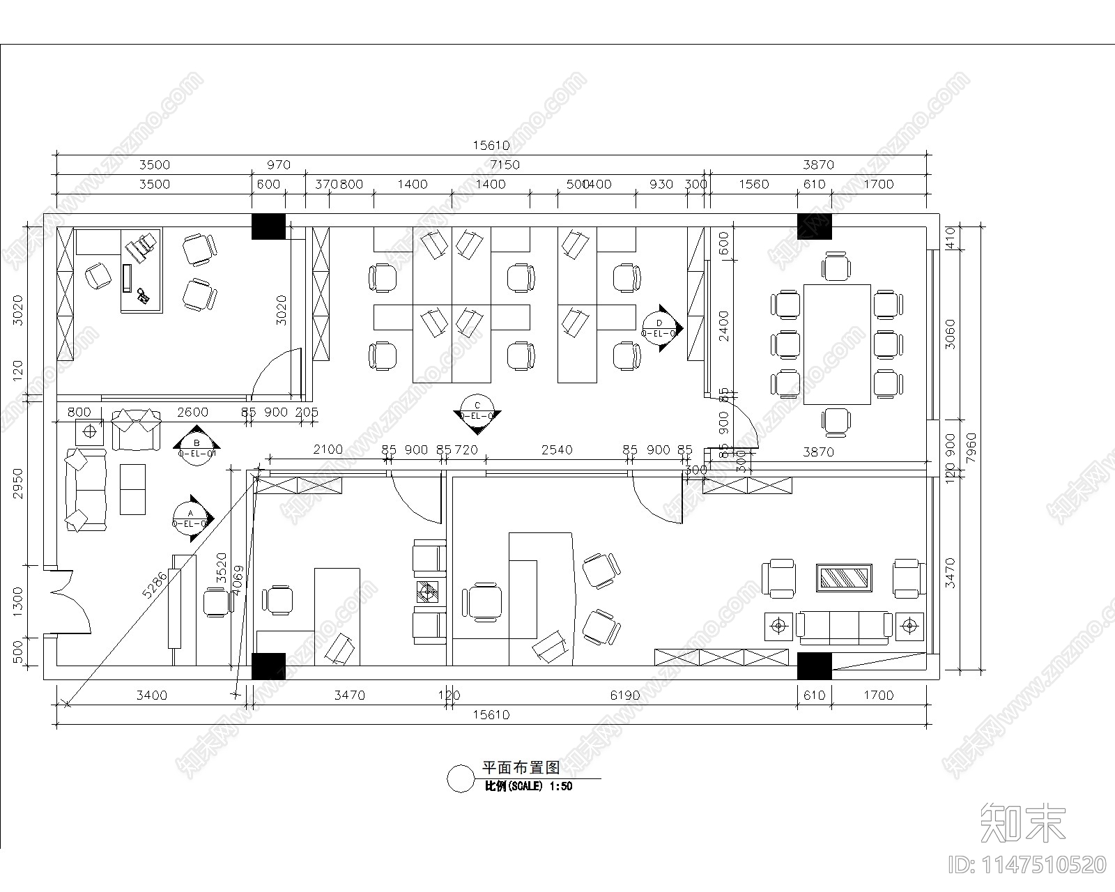 现代办公室室内cad施工图下载【ID:1147510520】