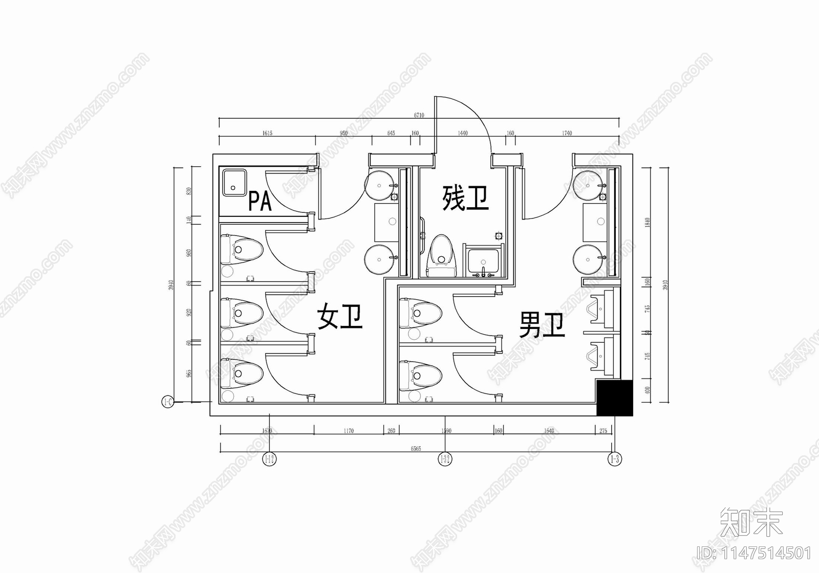 酒店公共卫生间室内施工图下载【ID:1147514501】