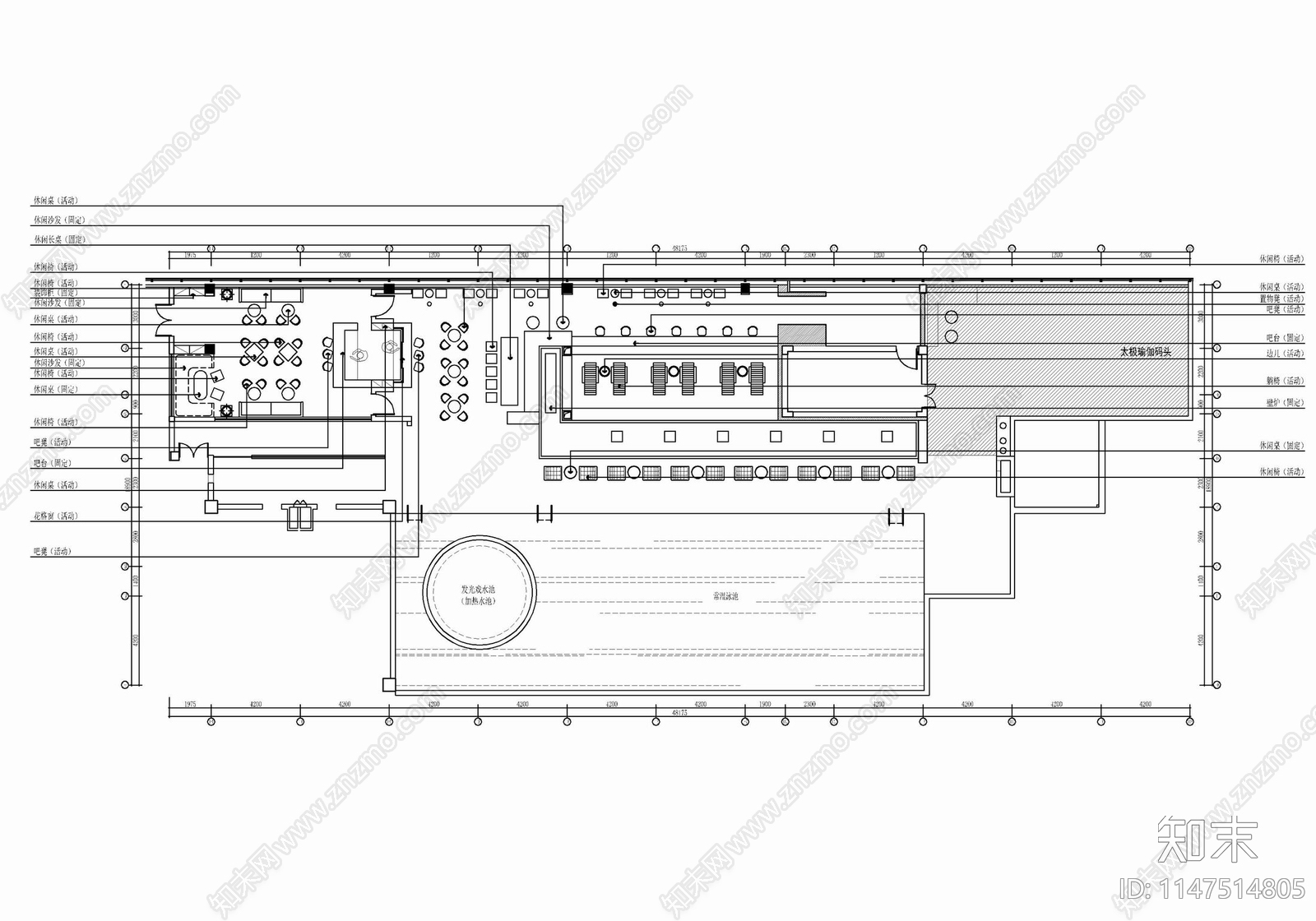 游泳池酒吧休闲娱乐室内cad施工图下载【ID:1147514805】