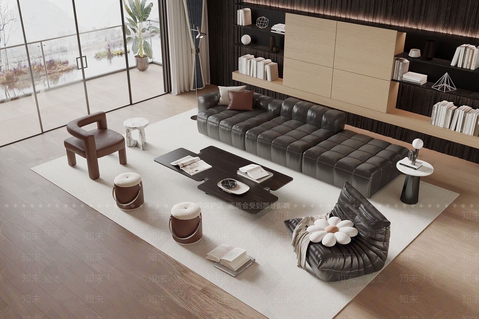 现代皮革沙发茶几组合3D模型下载【ID:1147519274】