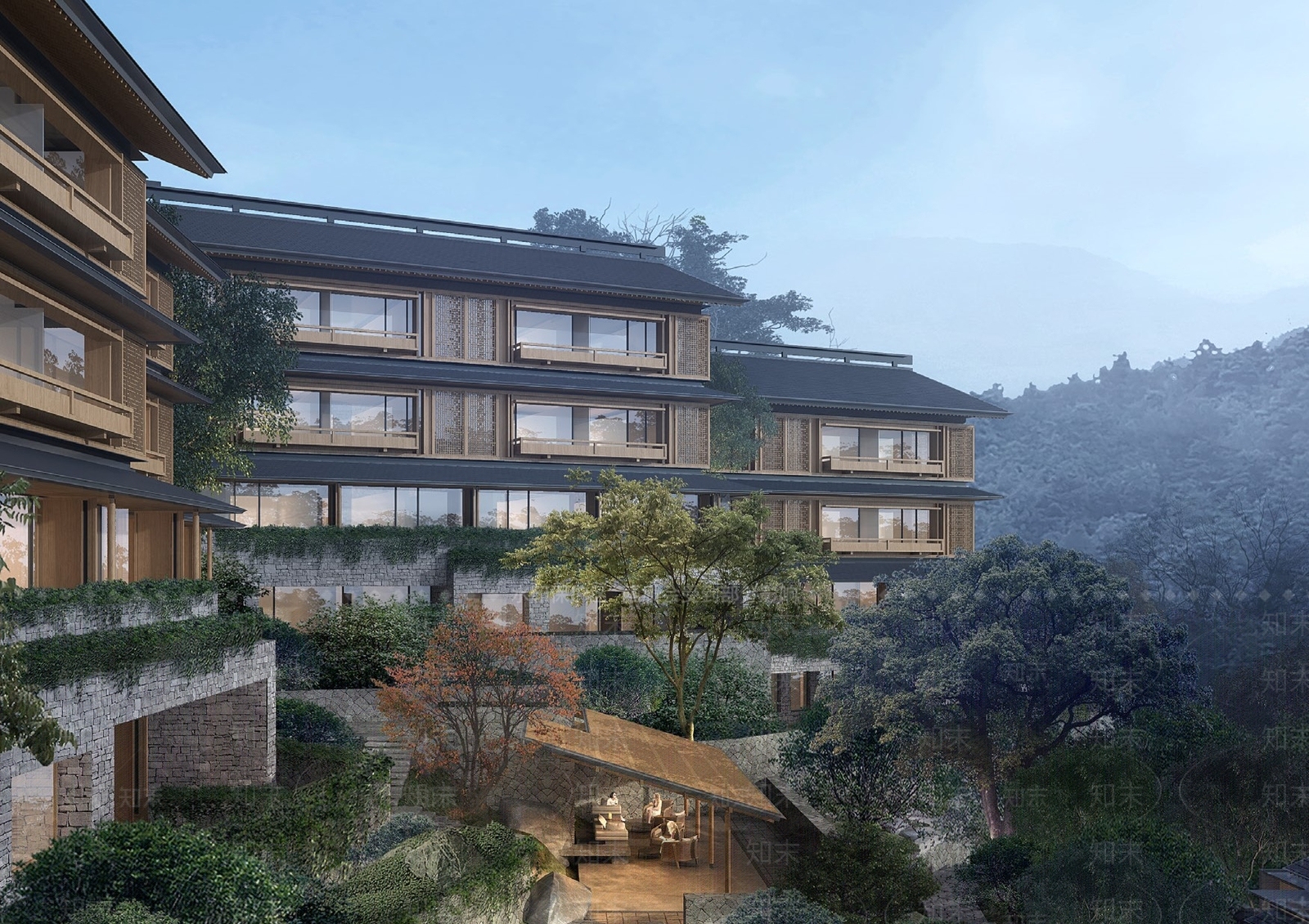 新中式酒店建筑SU模型精品下载_SketchUp模型_知末网