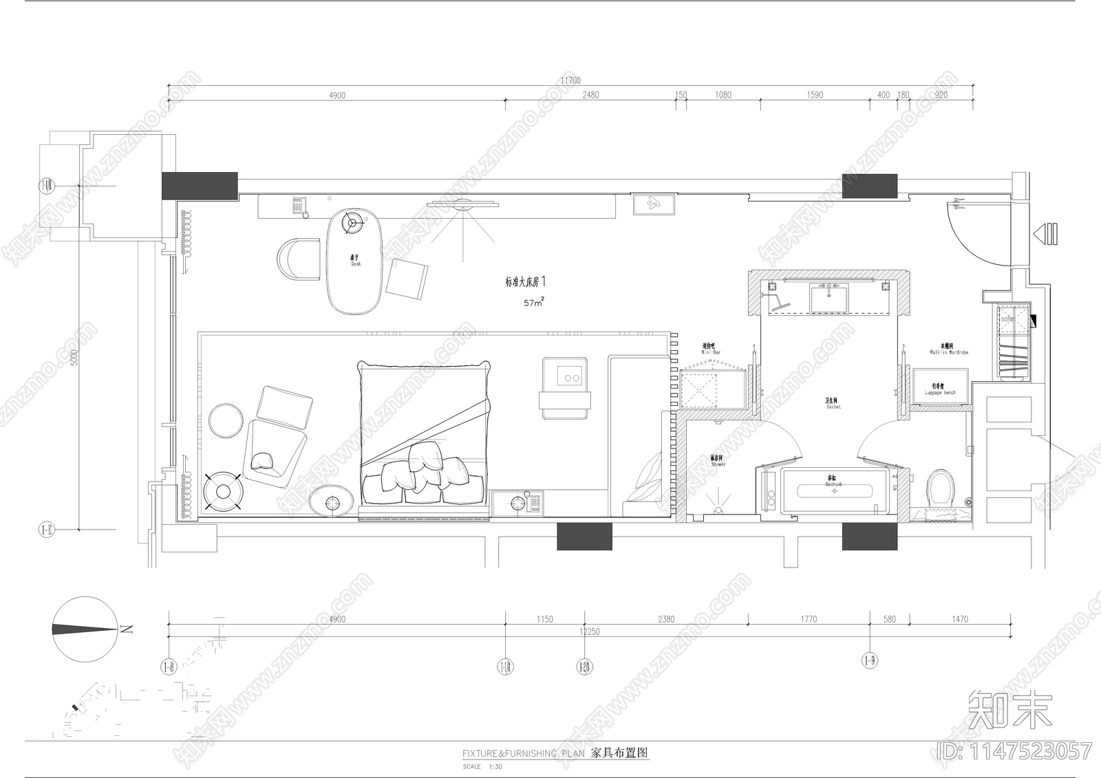 标准大床房室内cad施工图下载【ID:1147523057】