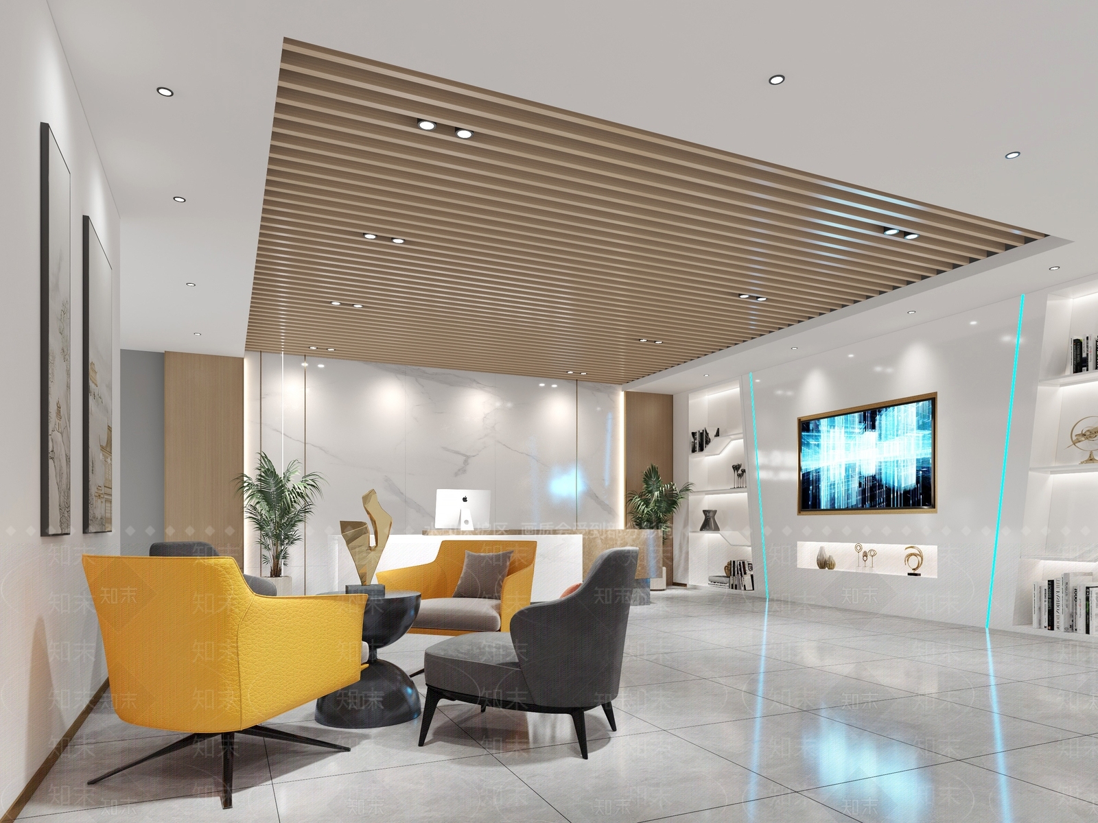 现代企业写字楼前厅前台_休息区3d模型下载 ID:1147525566_【知末网】