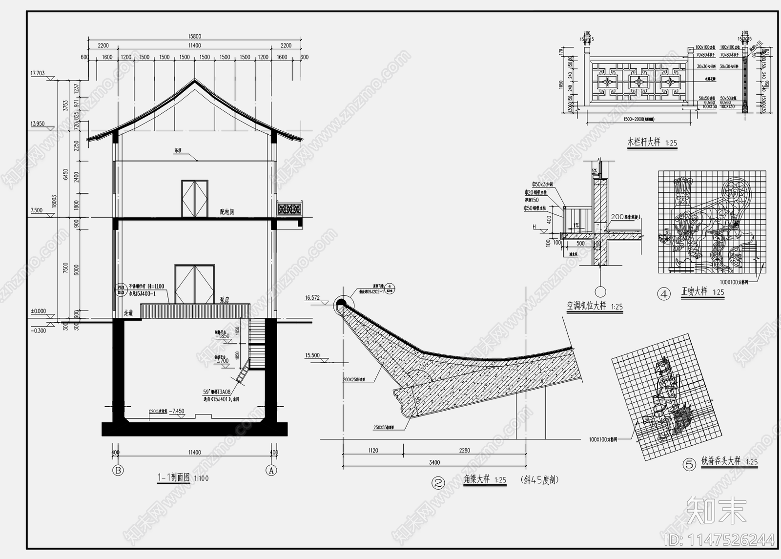 仿古歇山顶30X12M泵房天正建筑施工图下载【ID:1147526244】