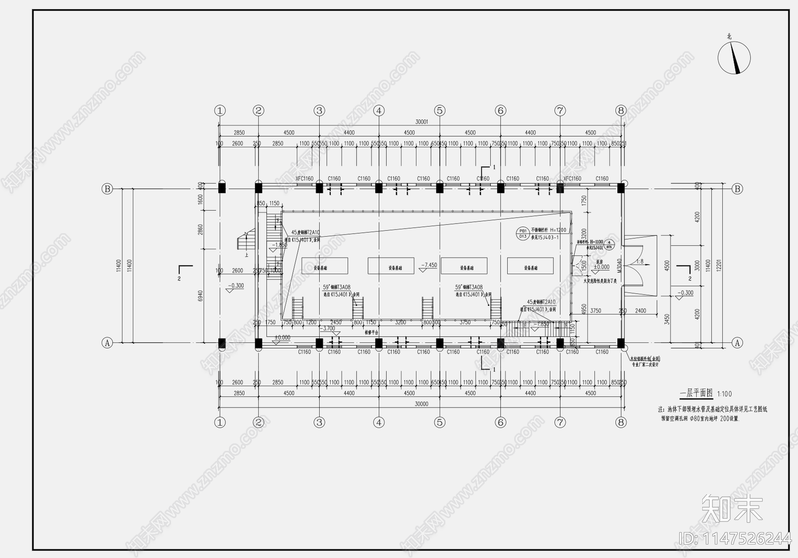 仿古歇山顶30X12M泵房天正建筑施工图下载【ID:1147526244】