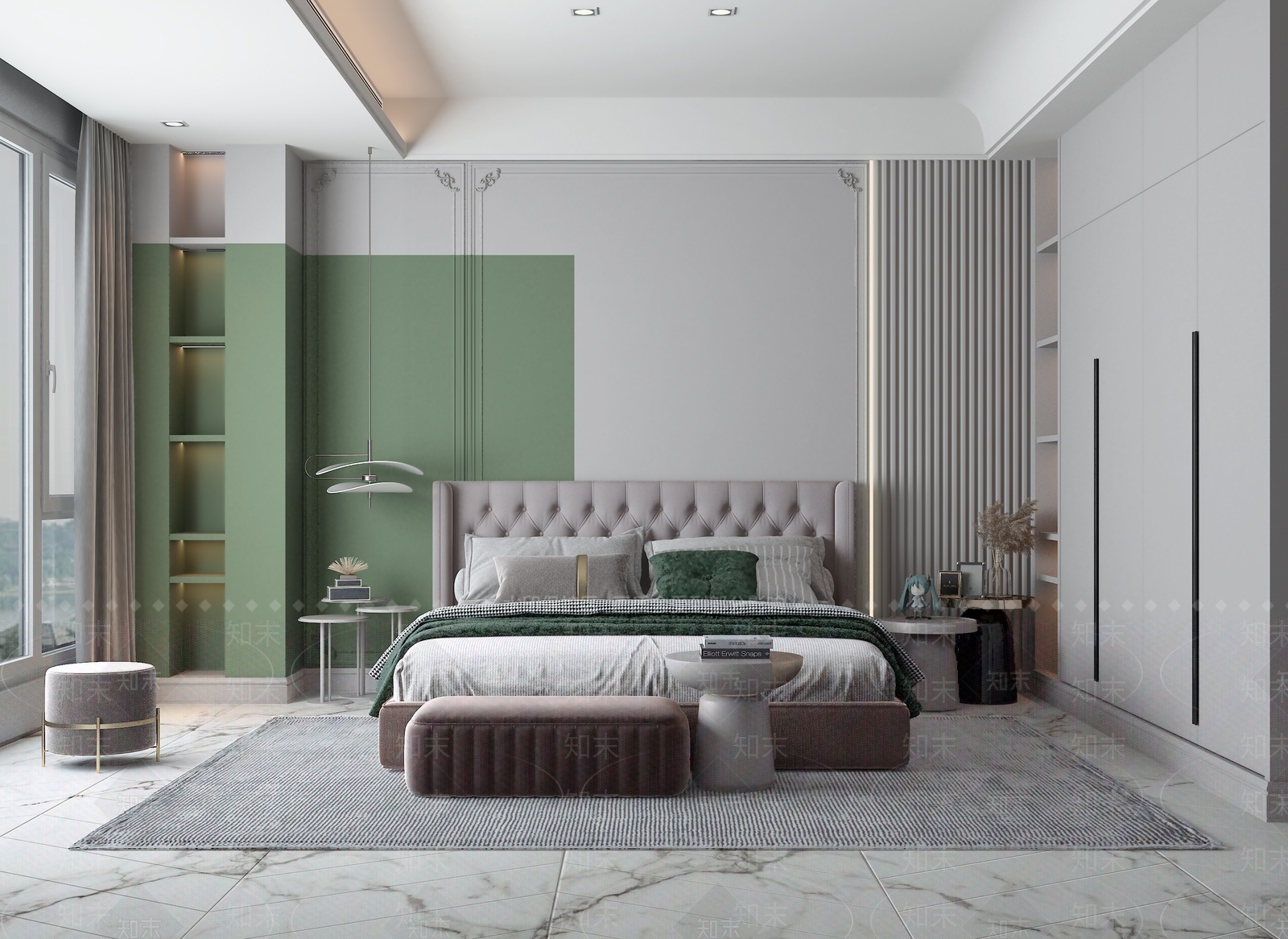 侘寂风法式无主灯极简拼色卧室双人床吊顶柜3D模型下载【ID:1147528794】