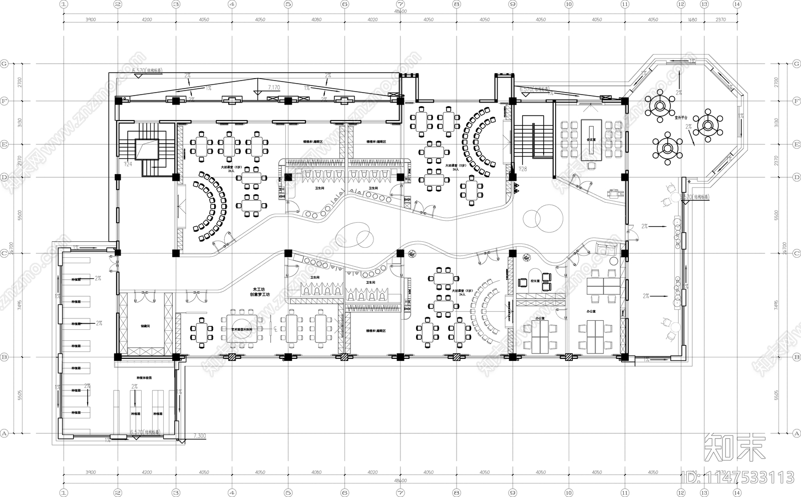 流线型幼儿园室内施工图下载【ID:1147533113】