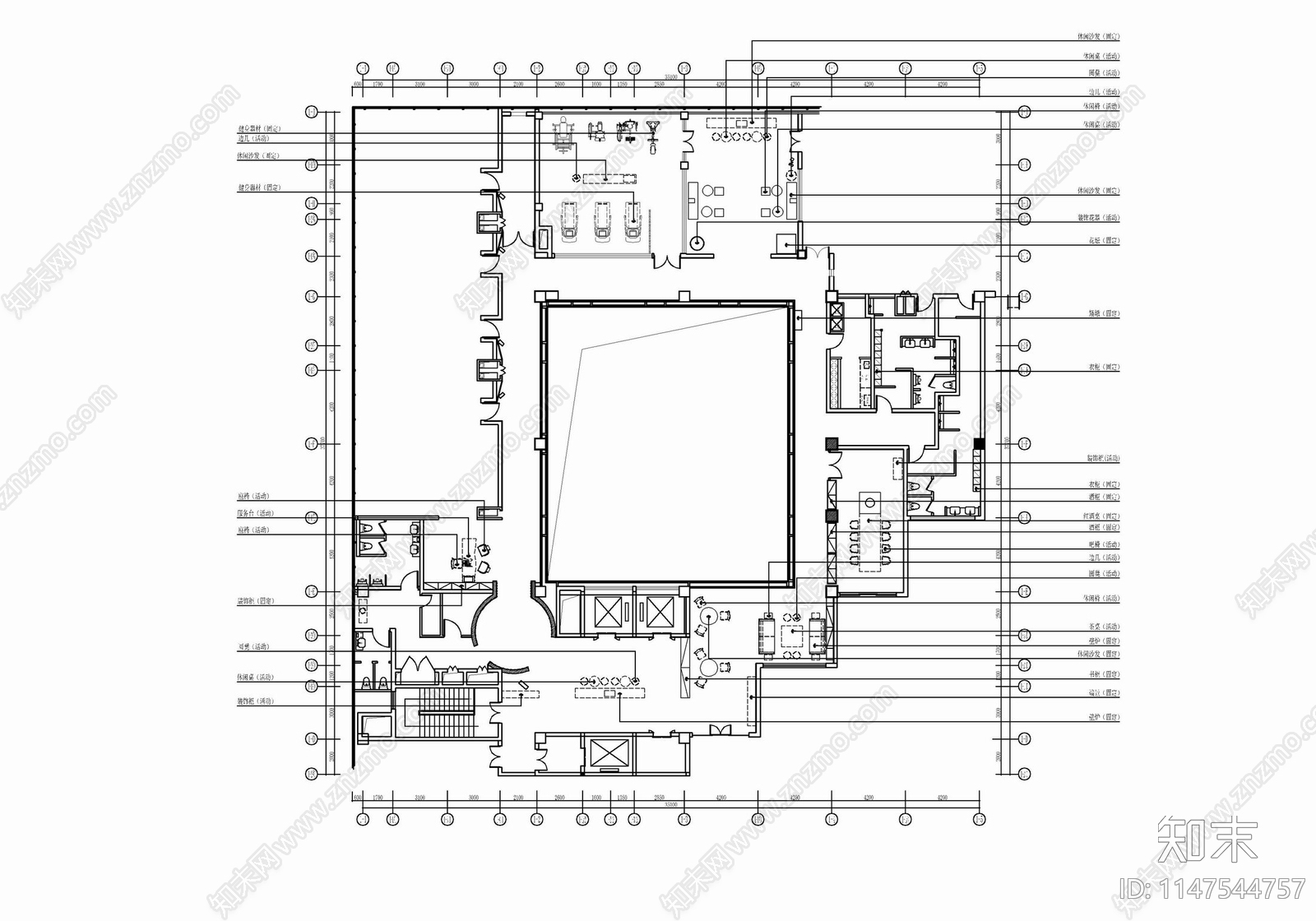 1100㎡休闲娱乐会所室内cad施工图下载【ID:1147544757】