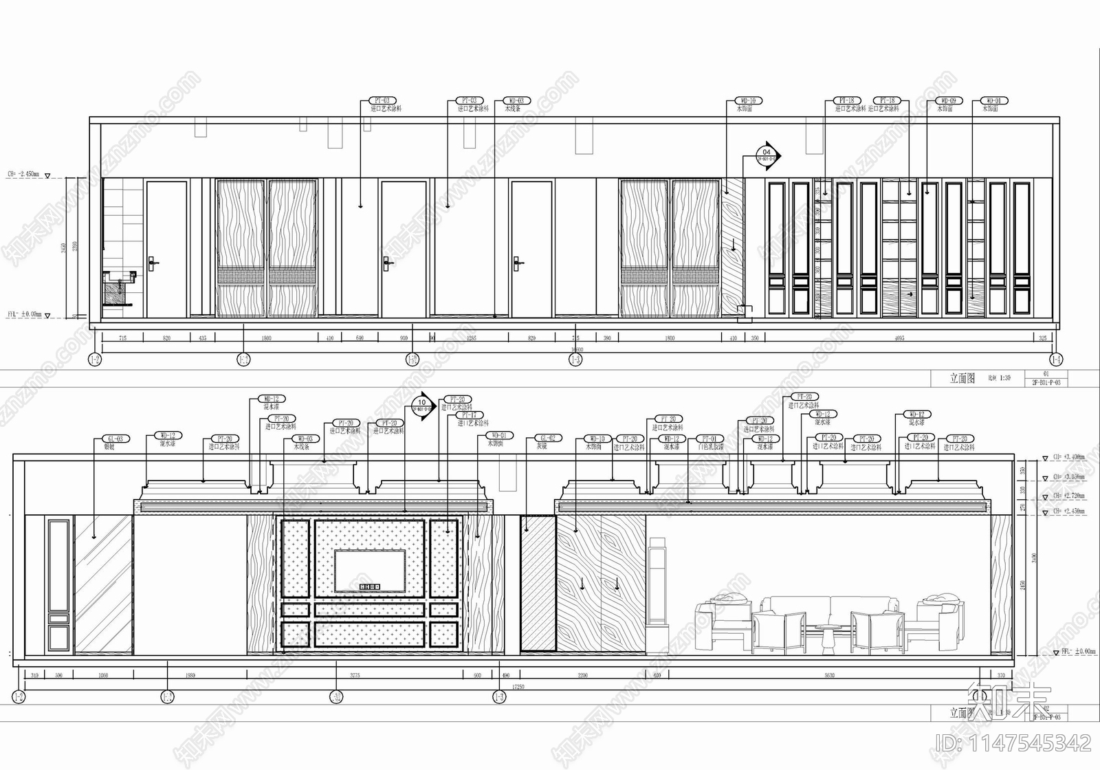 190㎡两间连通中餐厅包房室内cad施工图下载【ID:1147545342】