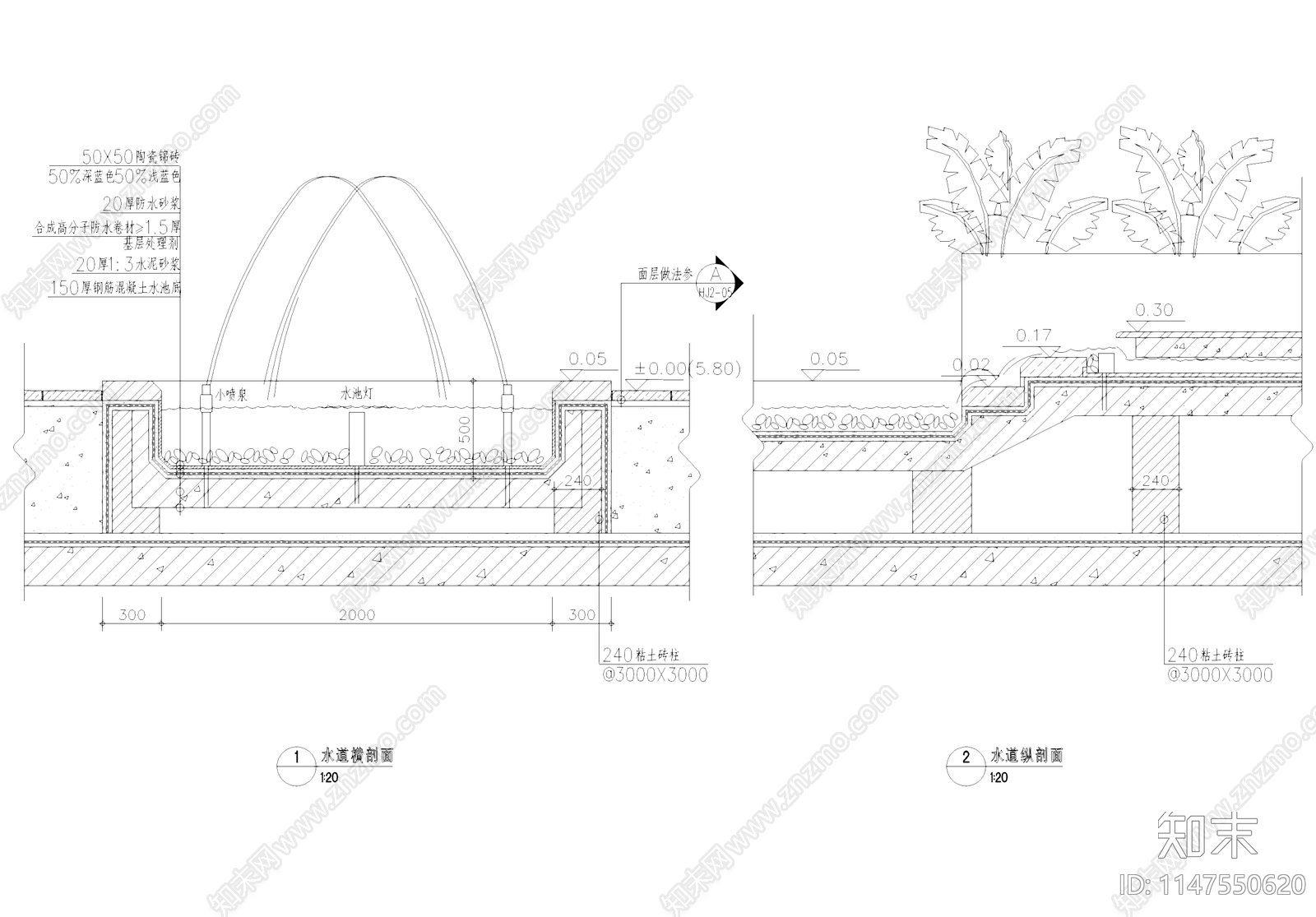 喷泉水道水池景观节点施工图下载【ID:1147550620】
