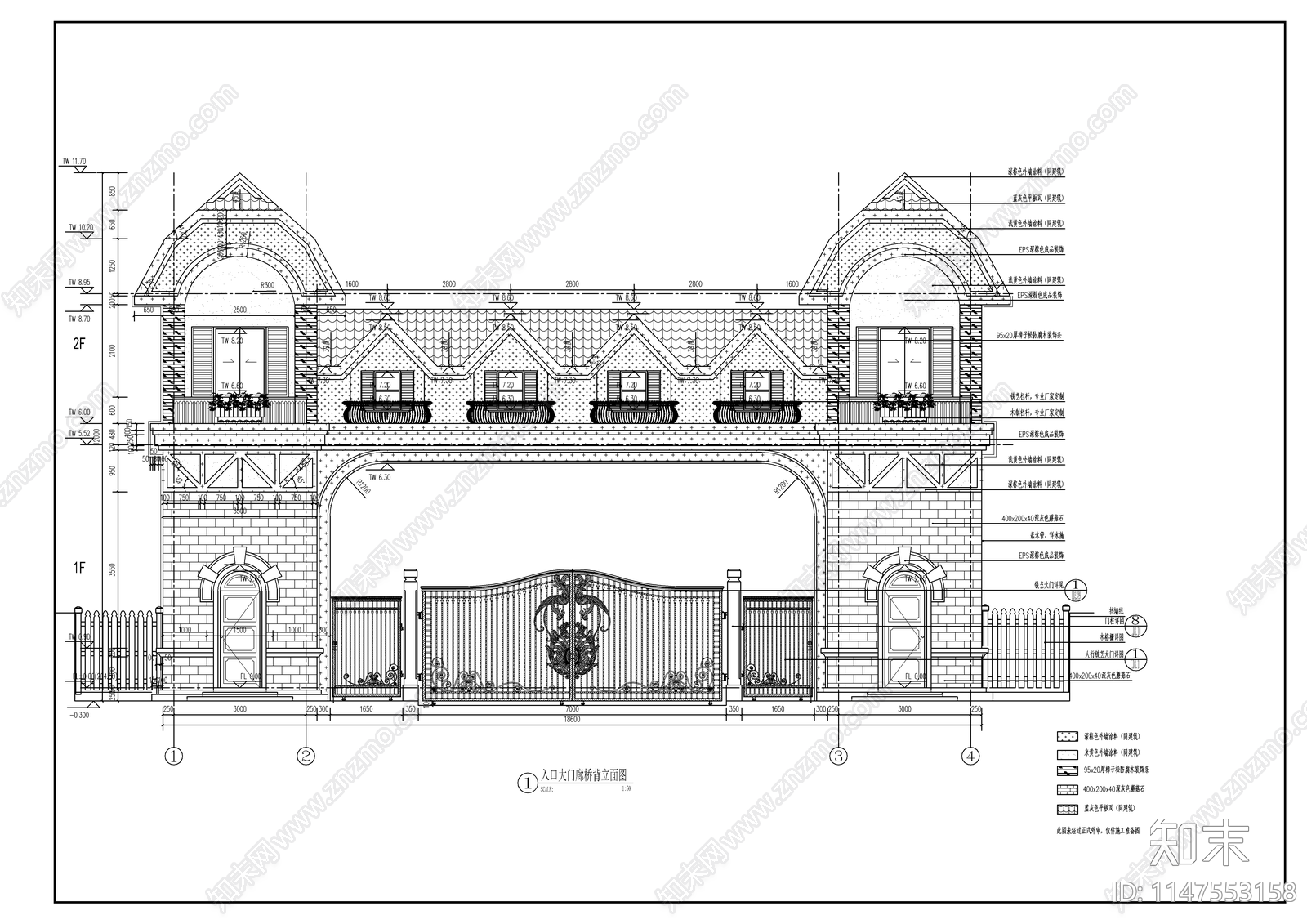 欧式小区入口门廊大门cad施工图下载【ID:1147553158】