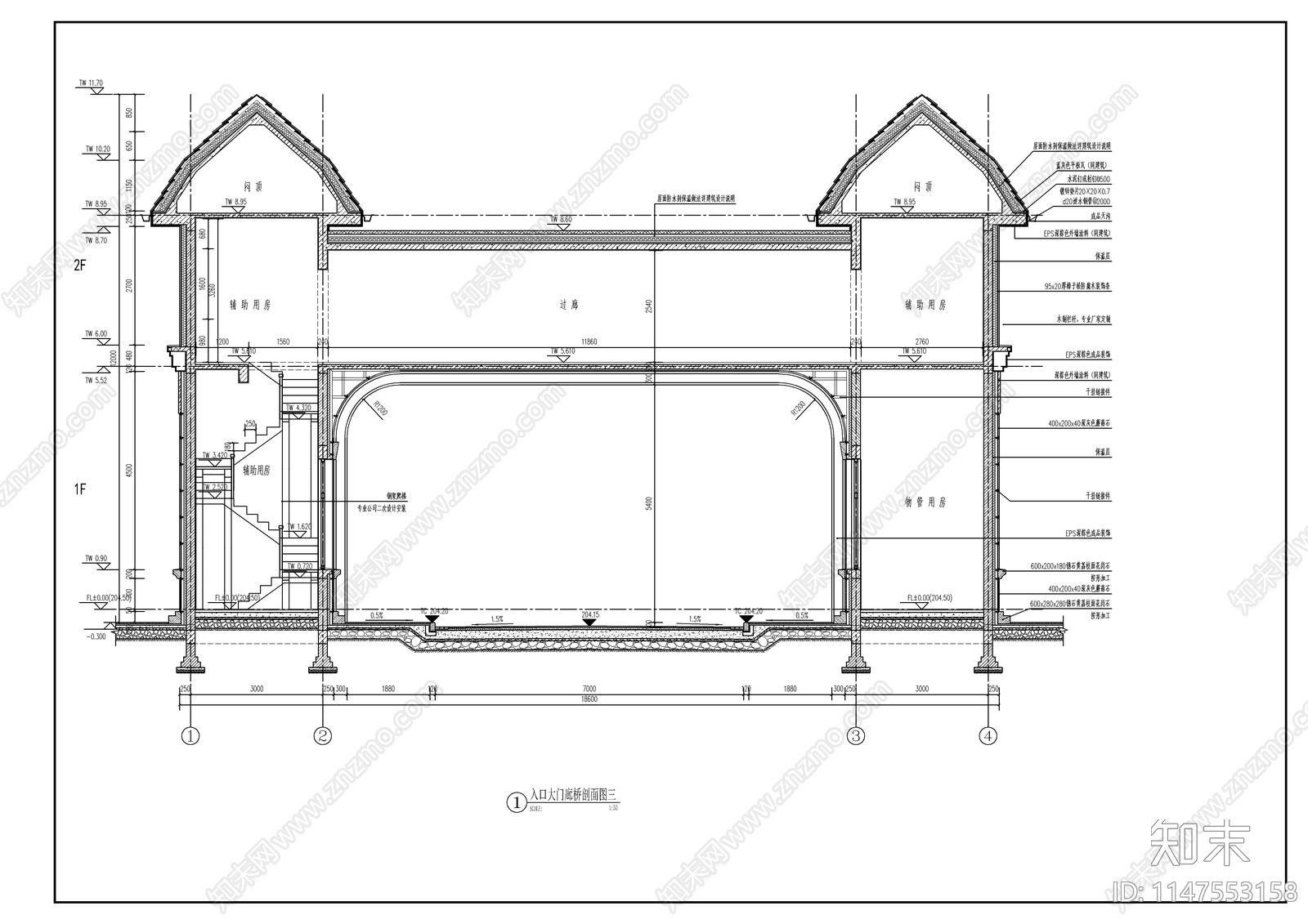 欧式小区入口门廊大门cad施工图下载【ID:1147553158】