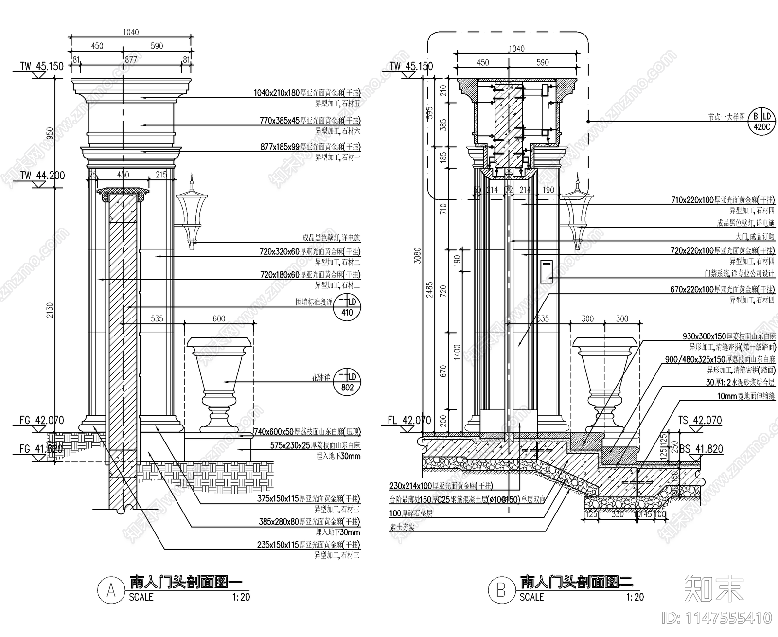 欧式别墅庭院入口大门门廊cad施工图下载【ID:1147555410】