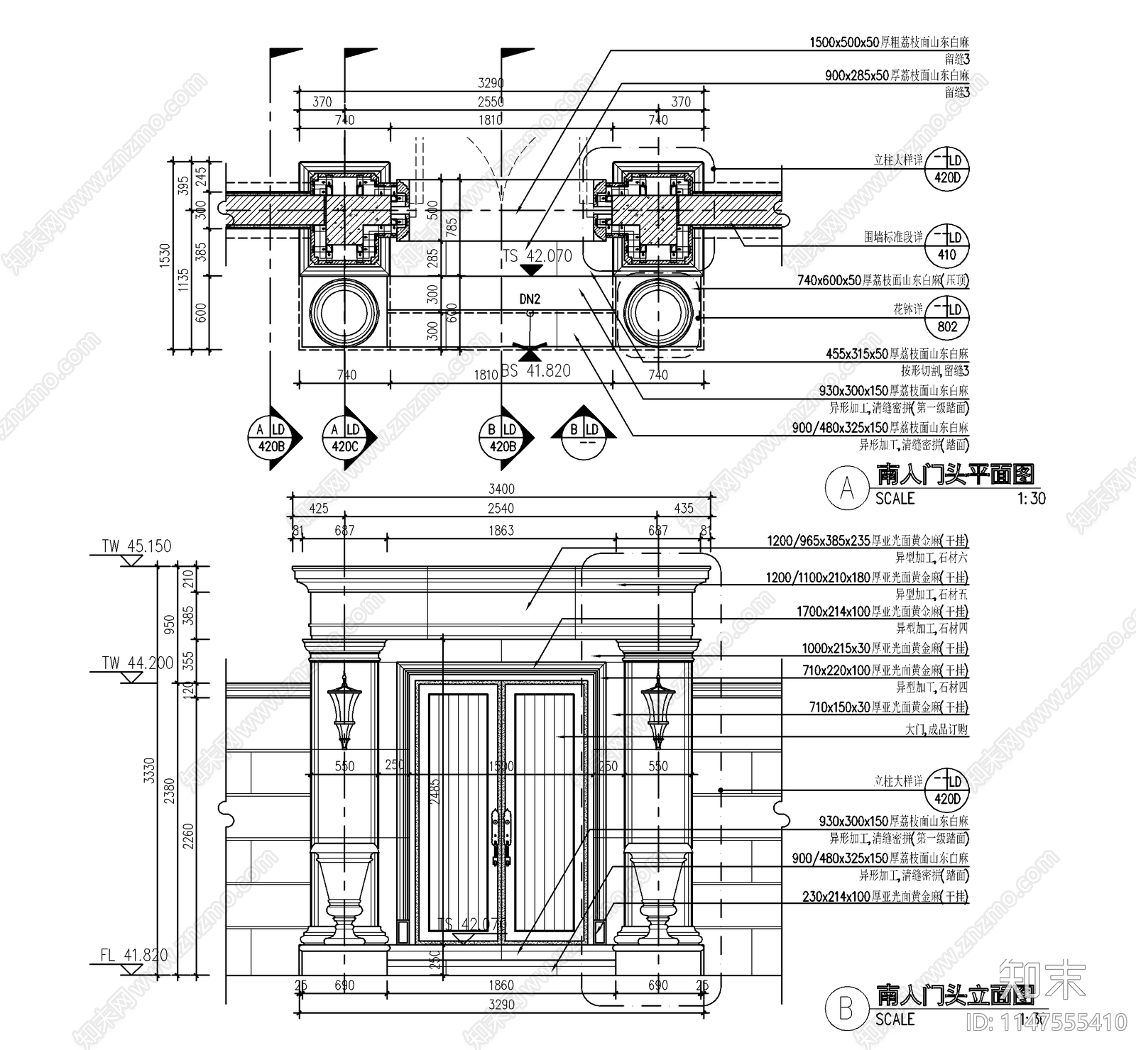 欧式别墅庭院入口大门门廊cad施工图下载【ID:1147555410】