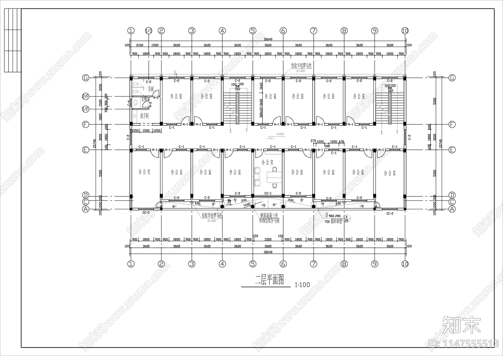 四层框架办公楼建筑cad施工图下载【ID:1147555513】