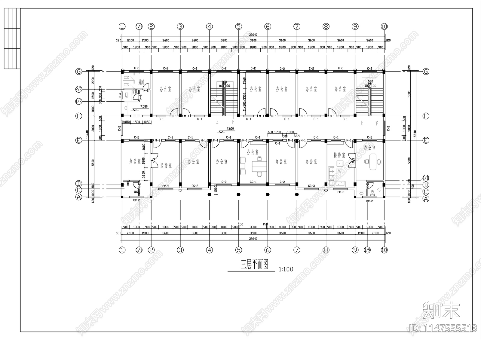 四层框架办公楼建筑cad施工图下载【ID:1147555513】